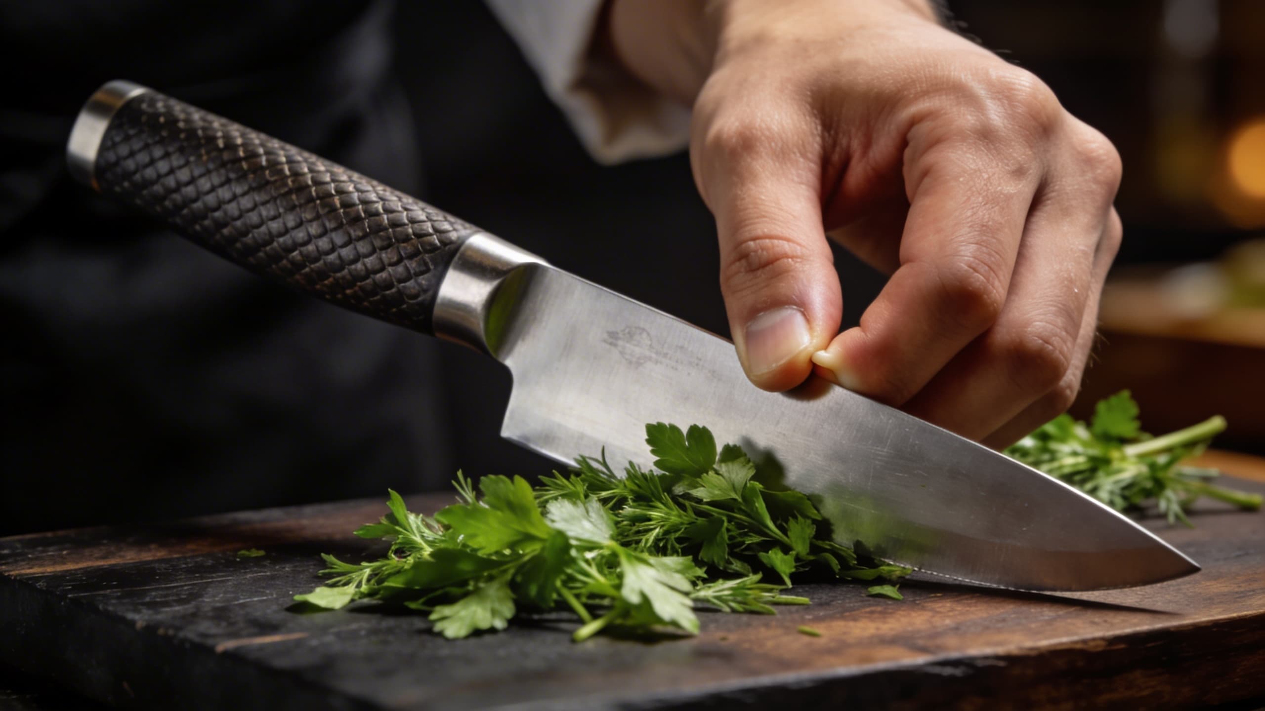 A chef's hand executing a perfect pinch grip on a sleek carbon steel knife, slicing through vibrant green herbs on a dark wood board.
