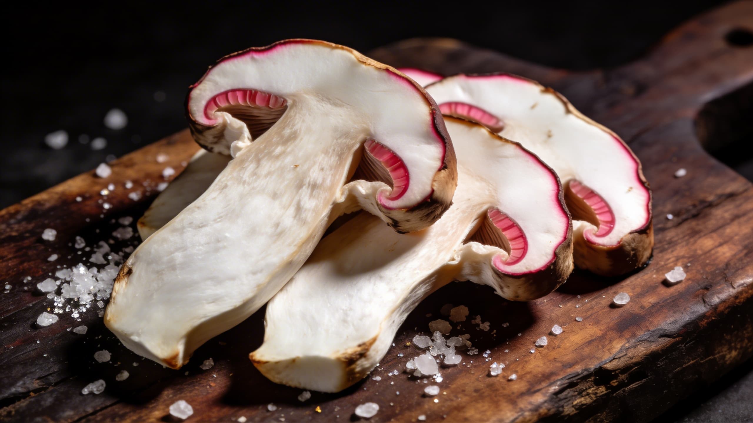 A macro shot of sliced King Trumpet mushrooms showing a distinct, reddish-pink smoke ring on the outer edges, resting on a rustic wooden board.