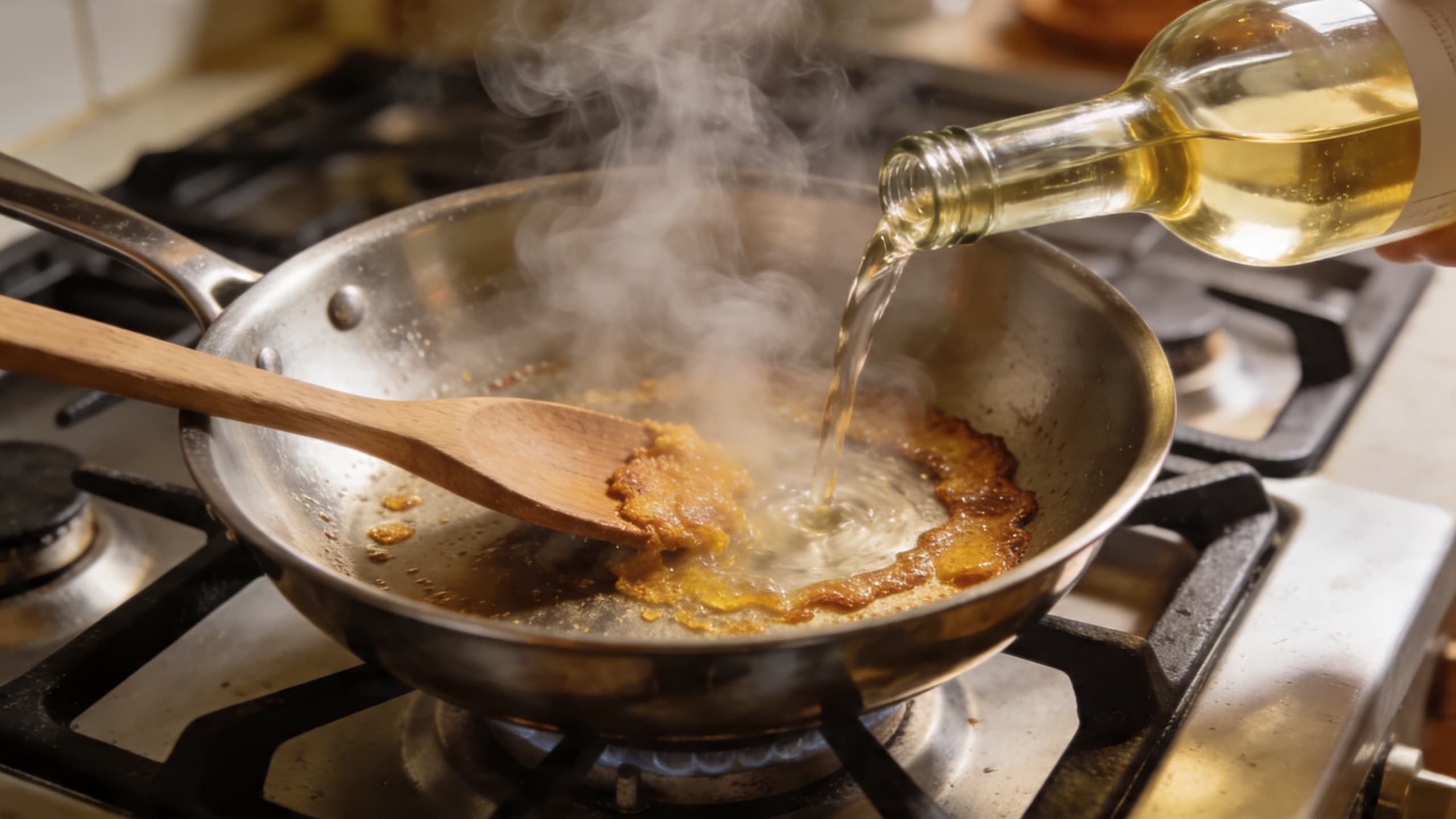 A stainless steel pan being deglazed with white wine, steam rising as a wooden spoon scrapes up the golden-brown fond.