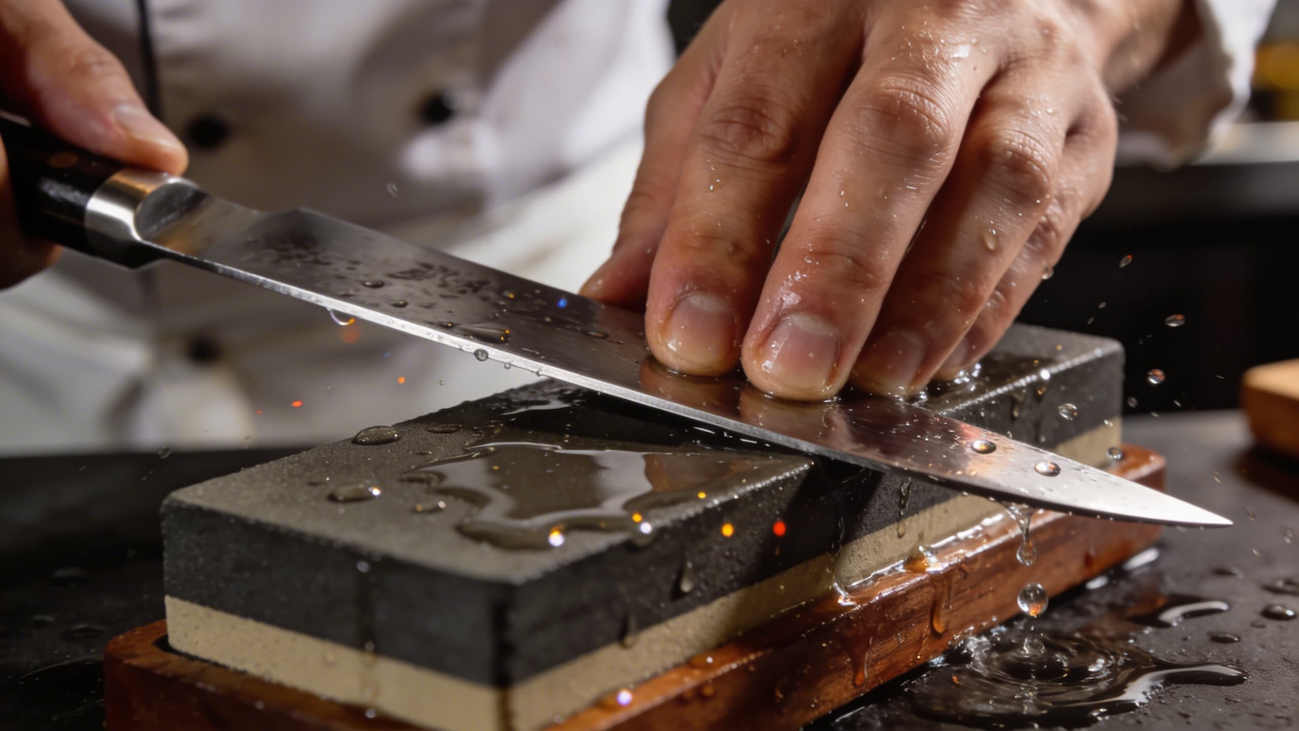 A chef's hand guiding a sleek carbon steel knife across a wet whetstone at a precise angle, water droplets glistening on the stone.