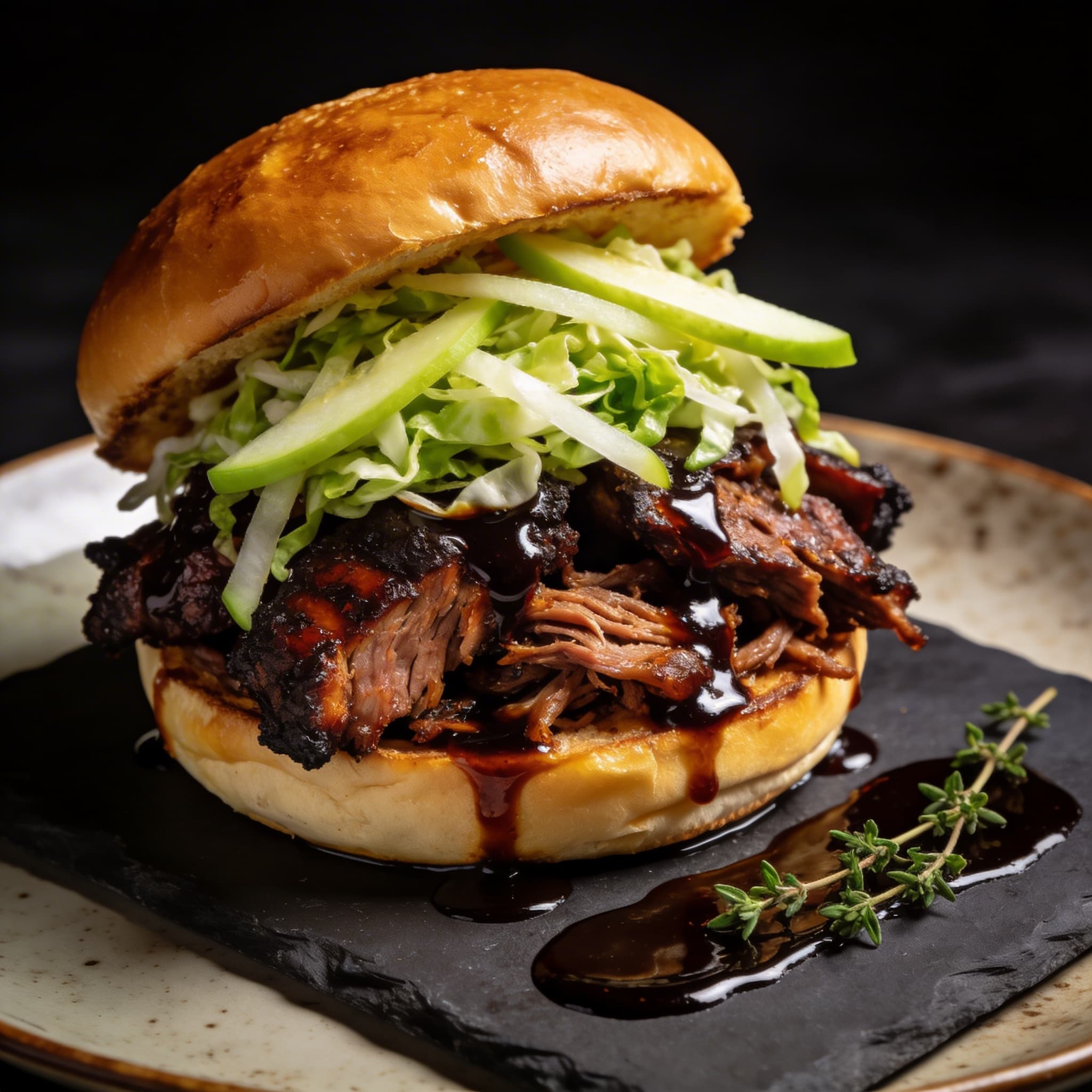 Smoked Pork Shoulder with Balsamic-Bourbon Reduction & Green Apple Slaw