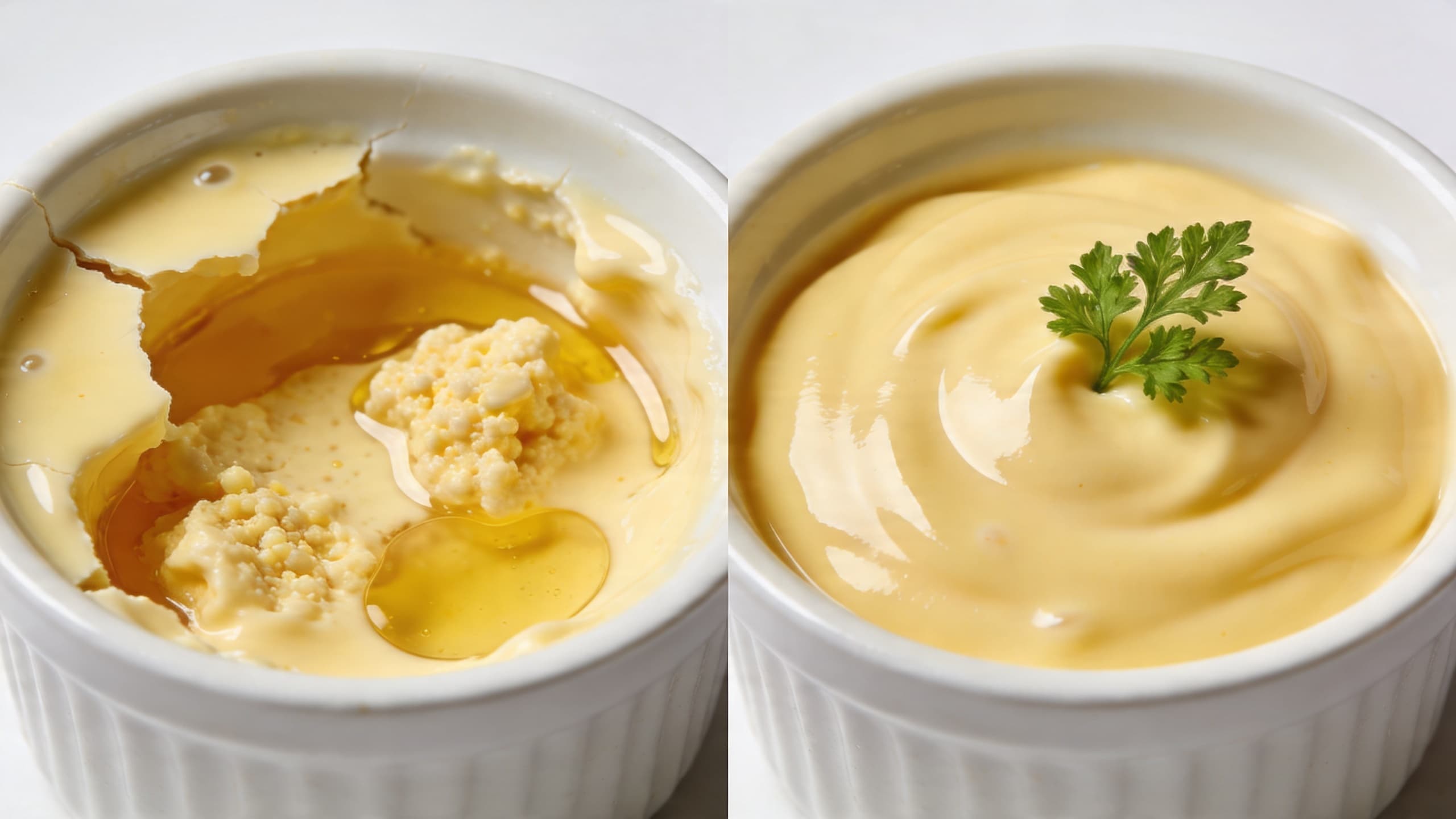 A side-by-side comparison: on the left, a grainy, separated mess; on the right, a glossy, pale-gold emulsion with perfect viscosity.