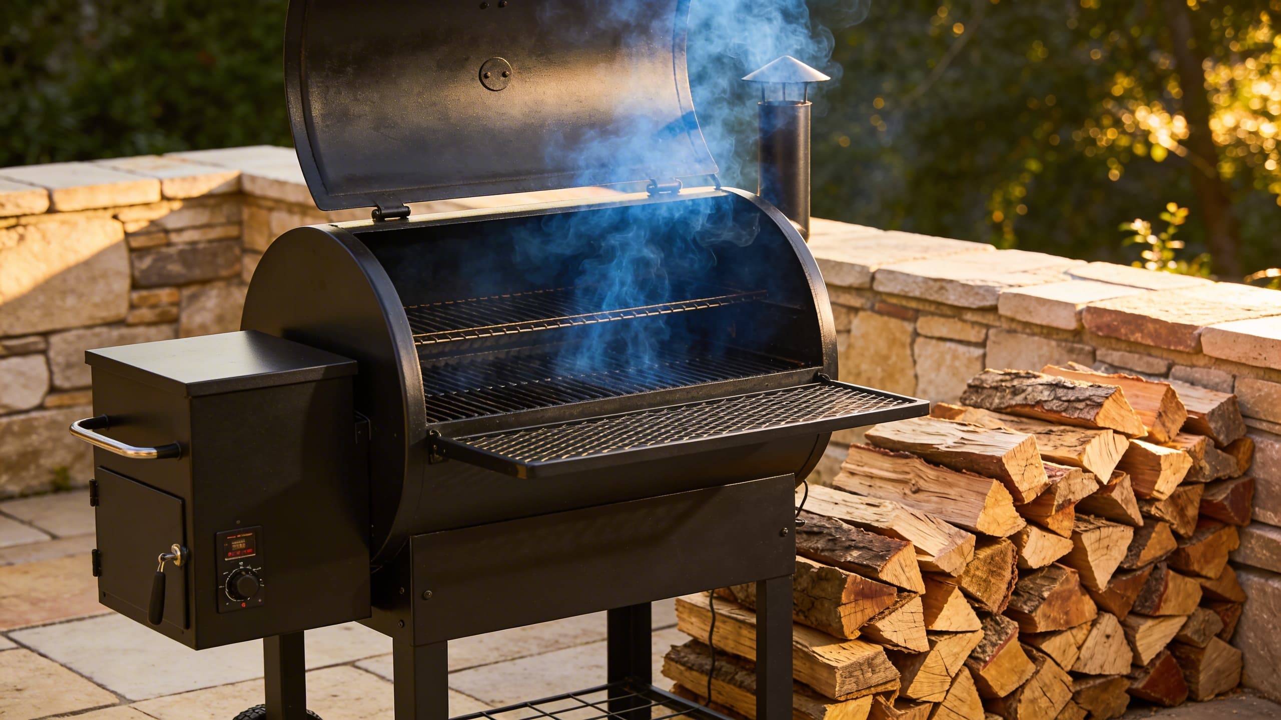 Image 1: A clean, organized smoker setup with thin blue smoke rising from the stack and a stack of dry, seasoned oak wood nearby.