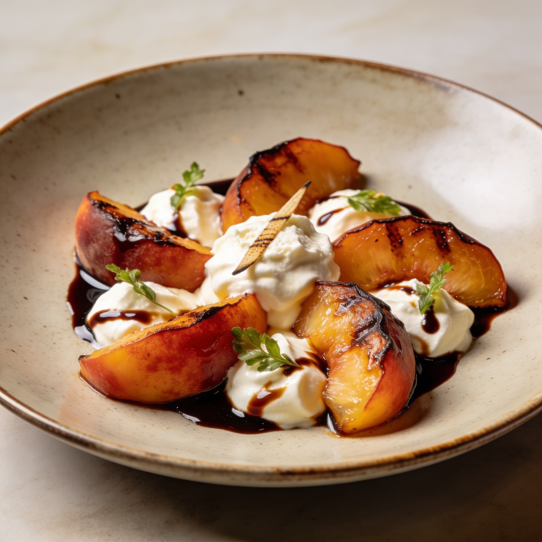 Smoked Cherry-Wood Peaches with Vanilla-Bean Mascarpone & Balsamic Reduction