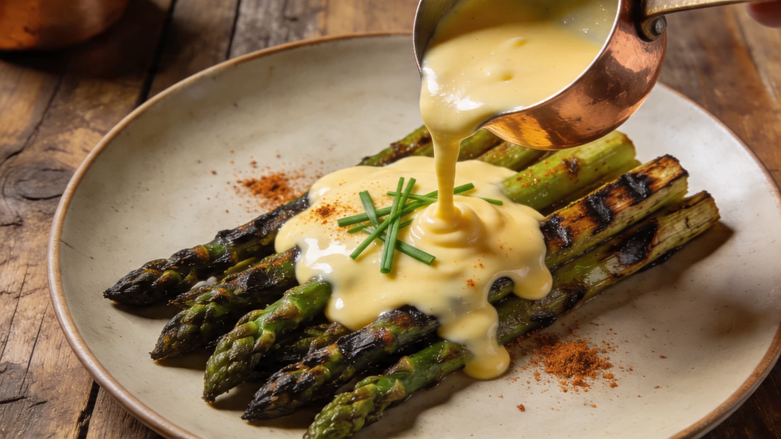 A stunning, glossy hollandaise drizzled over smoked asparagus, garnished with micro-greens and a dusting of smoked paprika.