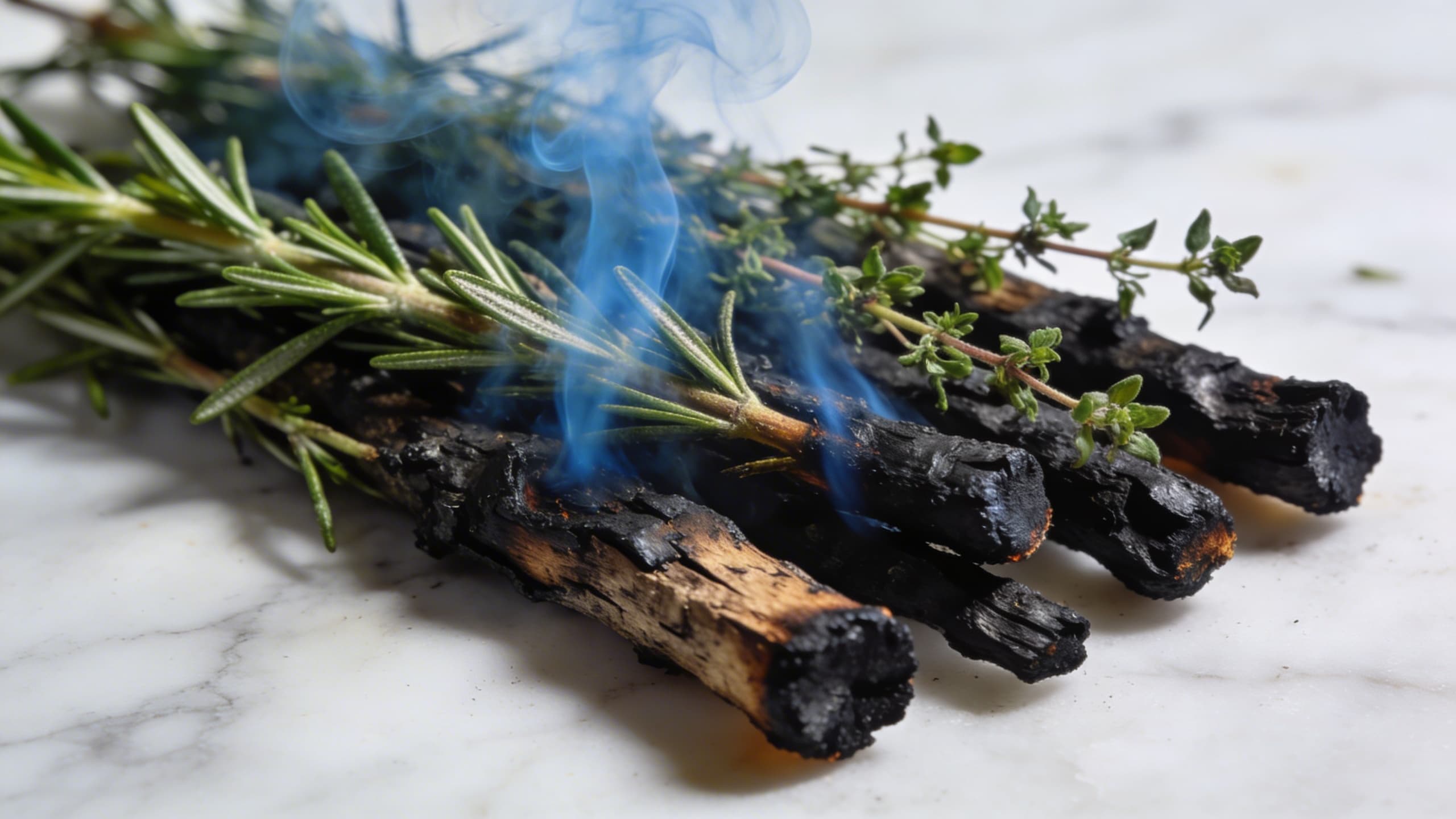 A close-up of charred rosemary and thyme stems on a white marble surface, wisps of blue smoke rising from the blackened tips