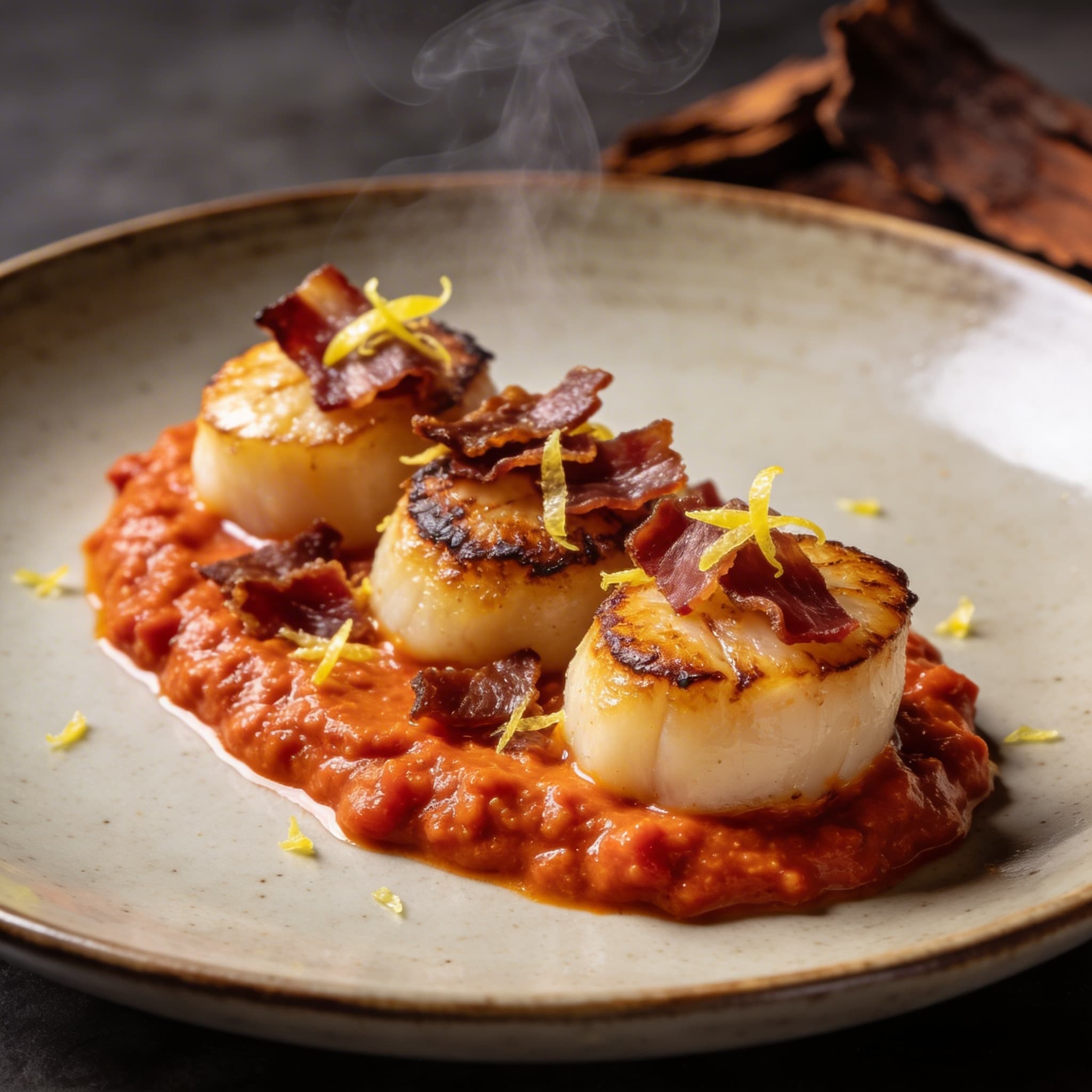 Hickory-Smoked Scallops with 'Nduja Emulsion