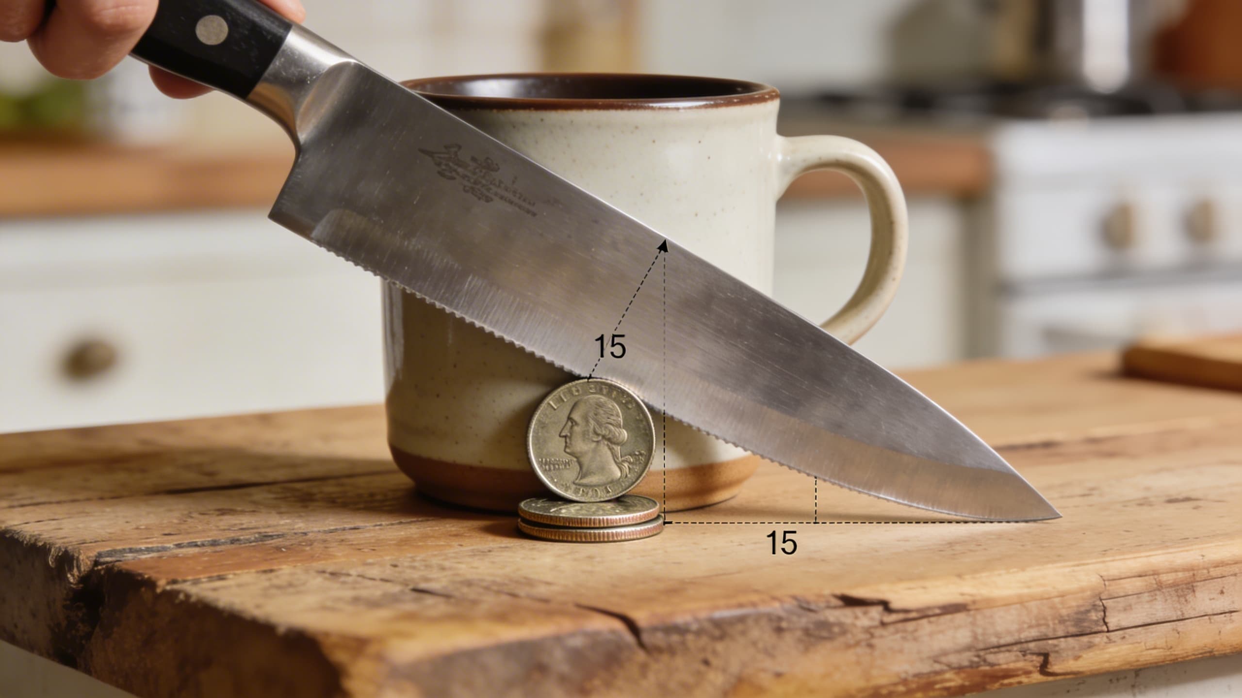 A visual guide showing a knife held against a stone with two stacked quarters or a folded matchbook underneath the spine to demonstrate a perfect 15-degree angle.