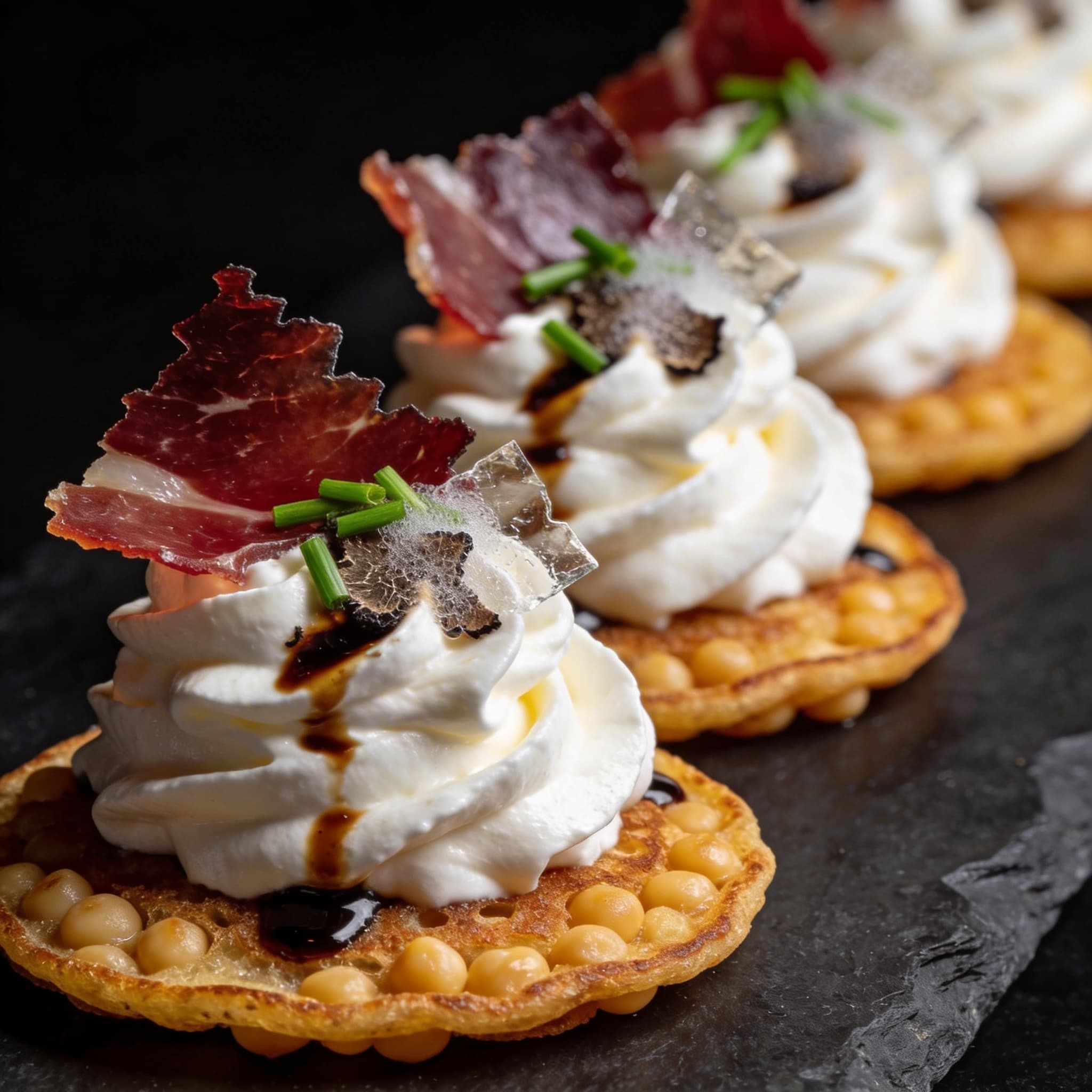 Socca Blinis with Whipped Burrata & Prosciutto Shards