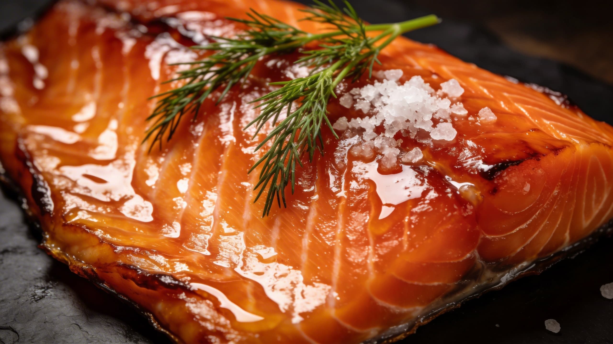 Close-up of a perfectly cold-smoked salmon fillet with a glossy, tacky pellicle and vibrant color.