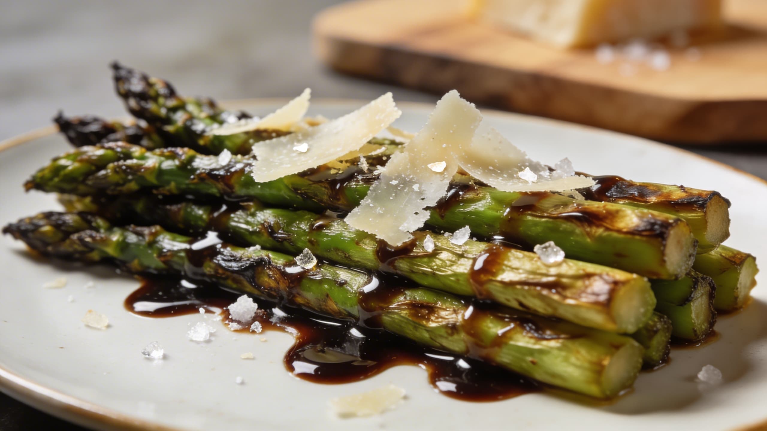 A plated dish of smoked asparagus with a glossy balsamic reduction and shaved parmesan.