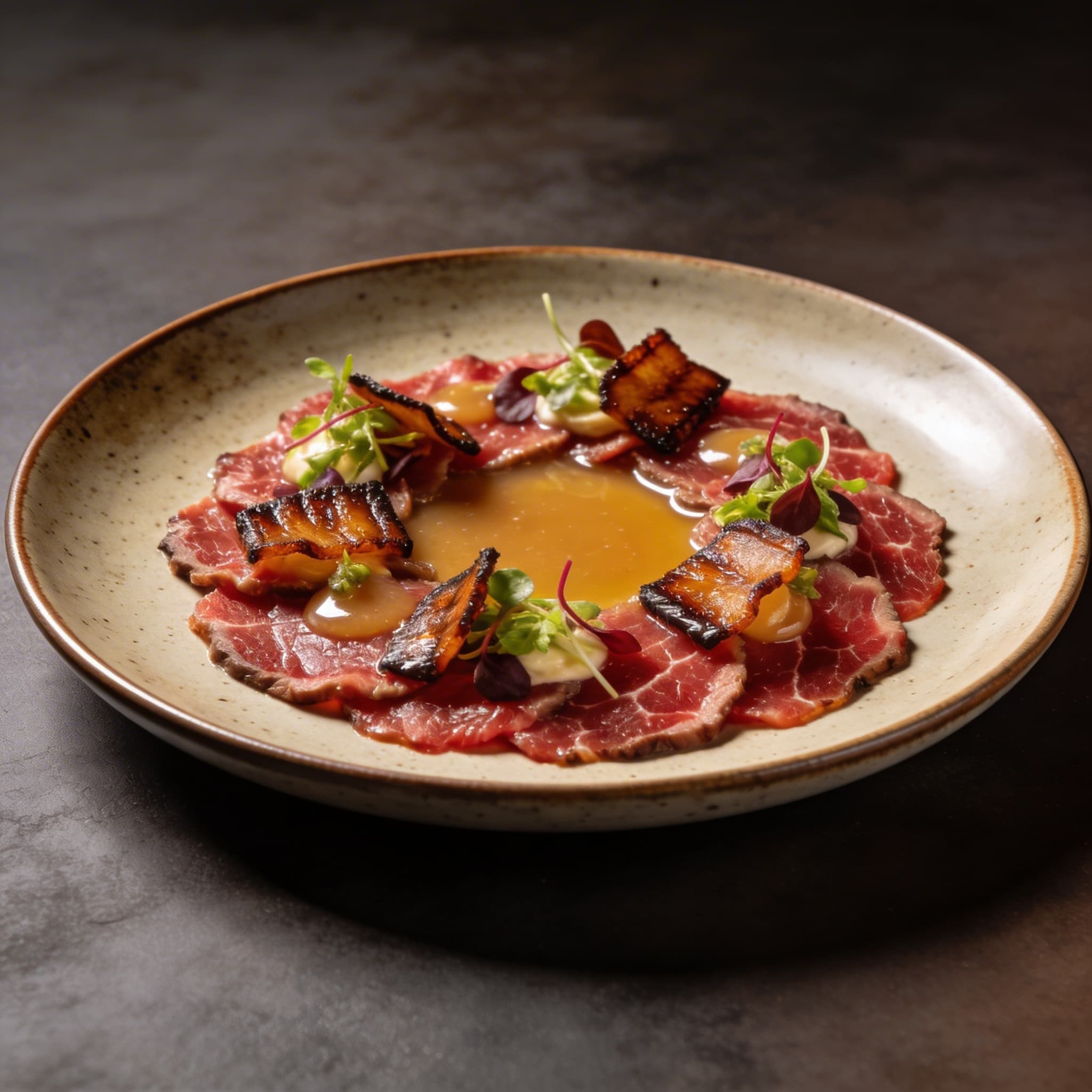 Post-Oak Smoked Wagyu Carpaccio with Warm Tallow Emulsion