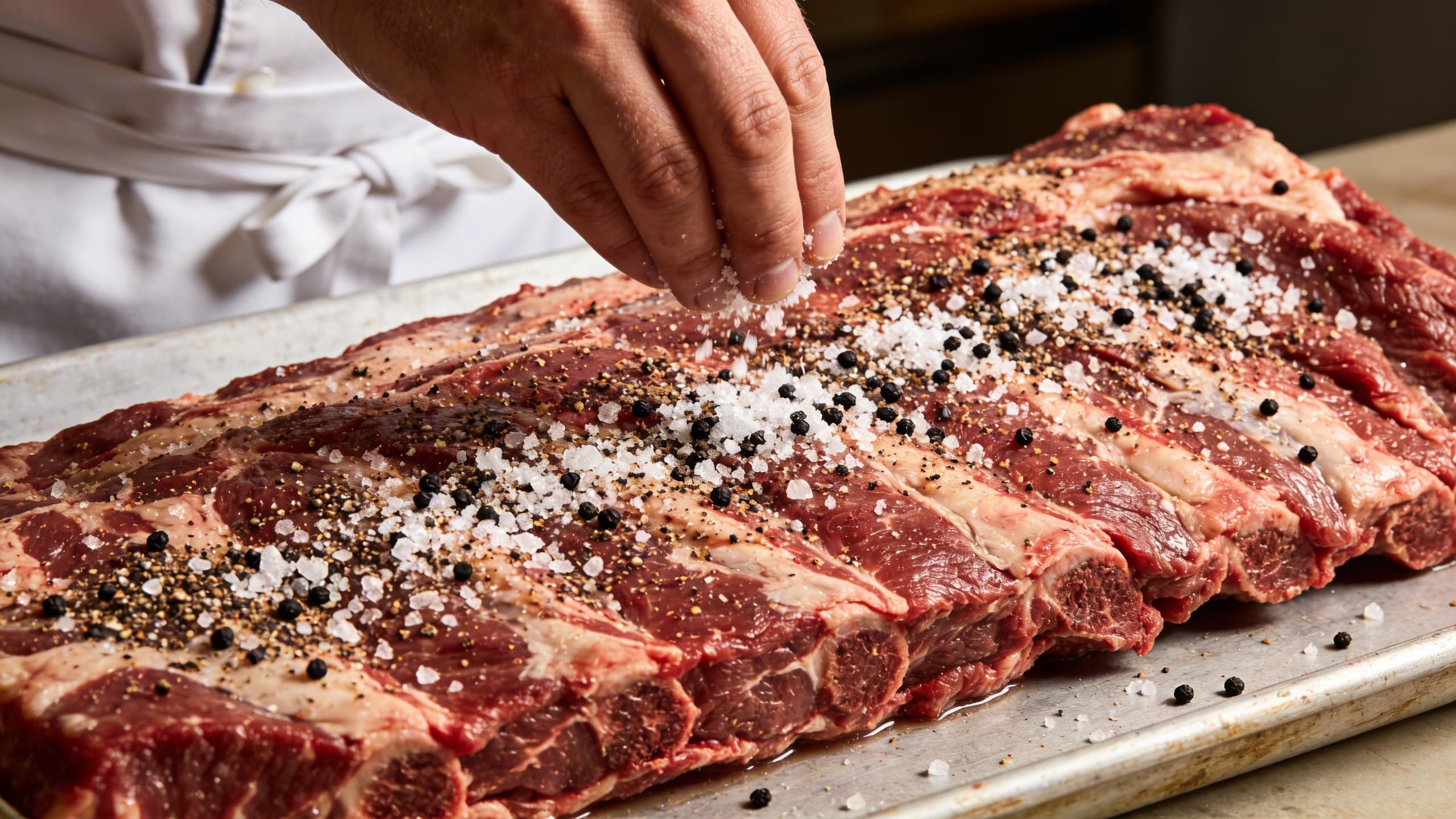 Image 2: A chef carefully applying a minimalist salt-and-pepper rub to a large brisket, focusing on even coverage and texture.