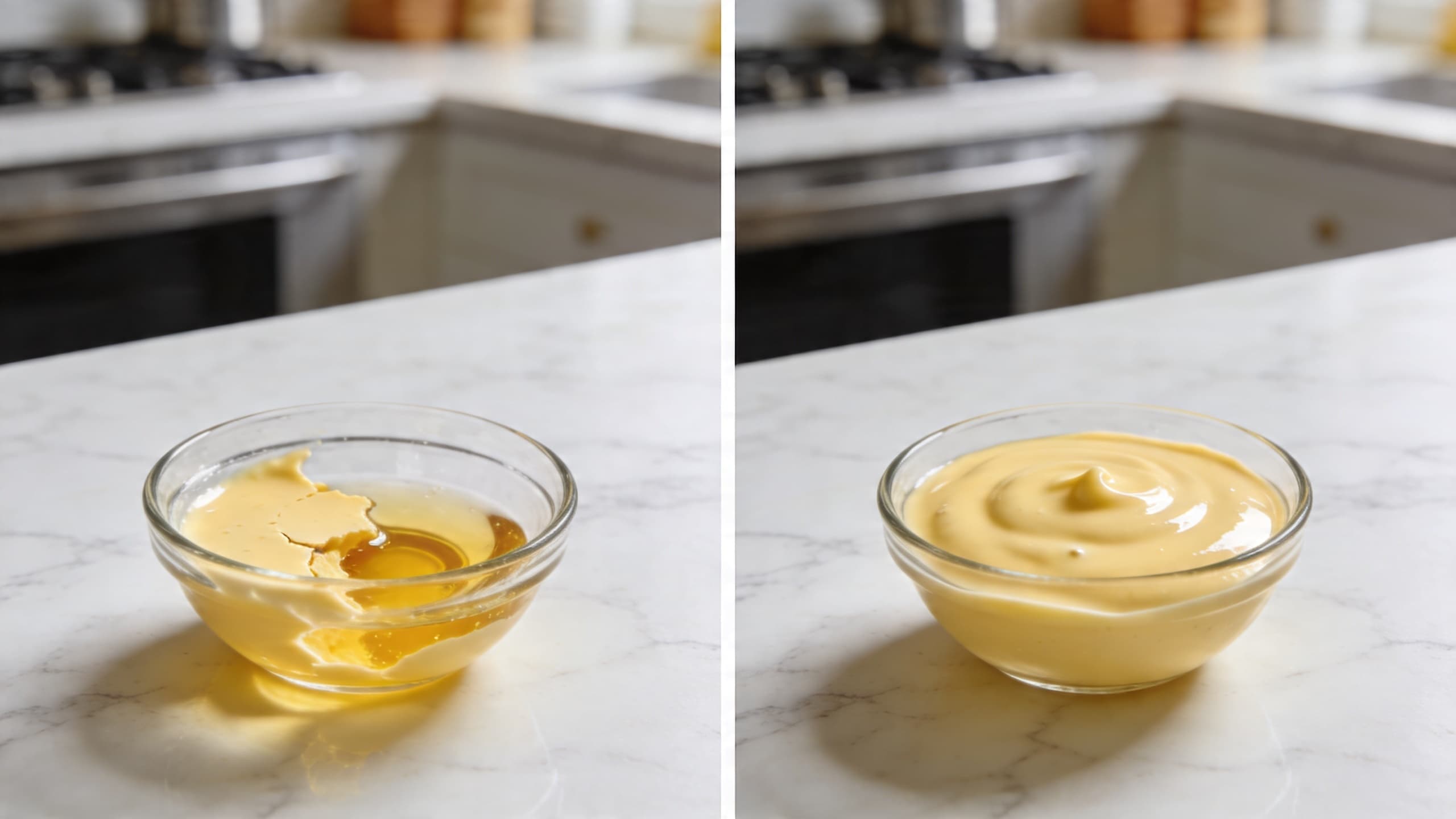 A heartbreaking shot of a broken, curdled hollandaise next to a pristine, glossy version for comparison.