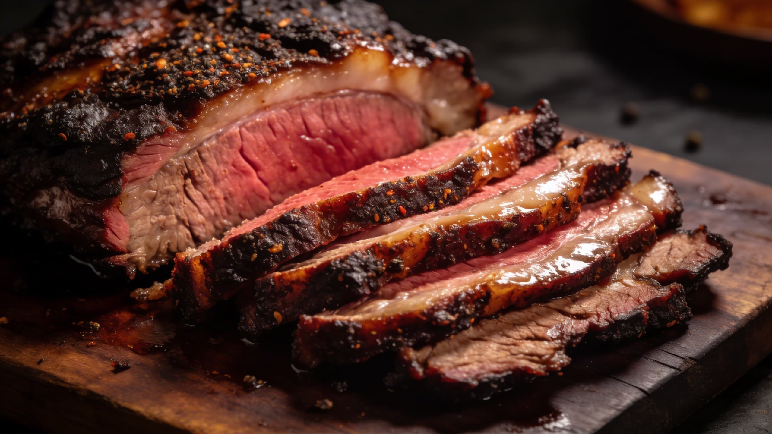 A perfectly rested brisket being sliced, showing a deep pink smoke ring and a glistening, moist interior.