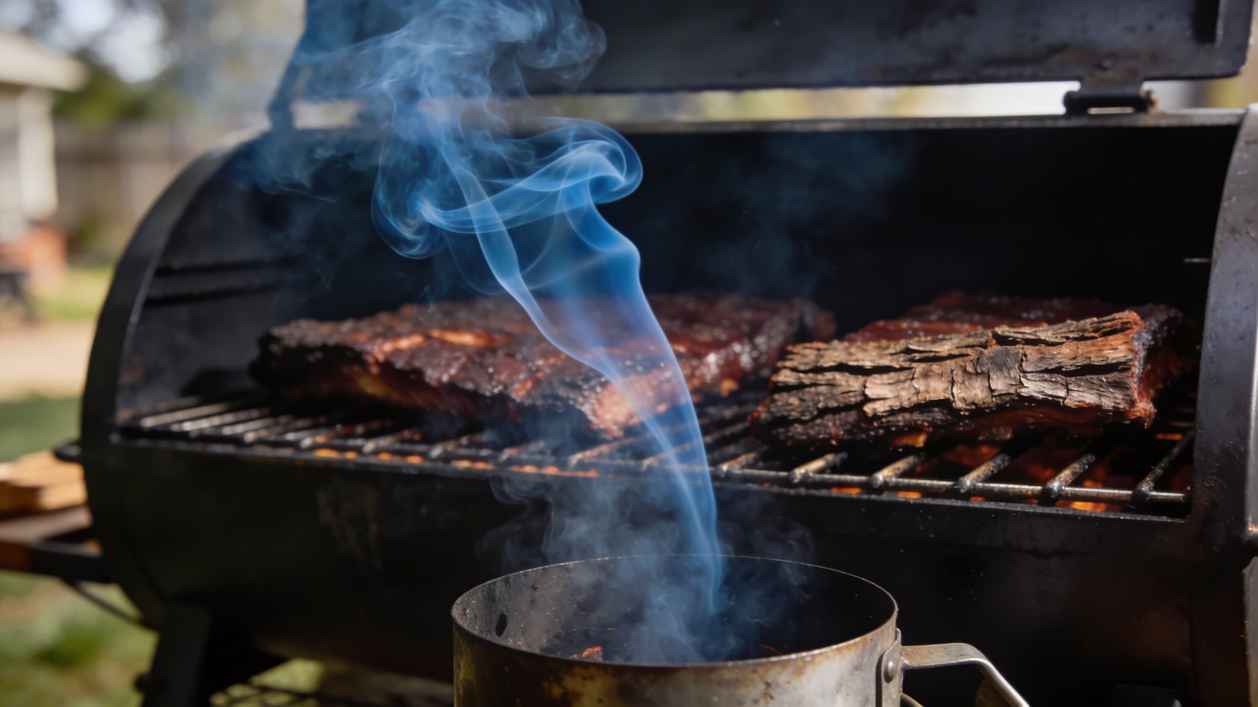 A close-up of "thin blue smoke" rising from an offset smoker, with a glimpse of a mahogany-colored brisket inside.