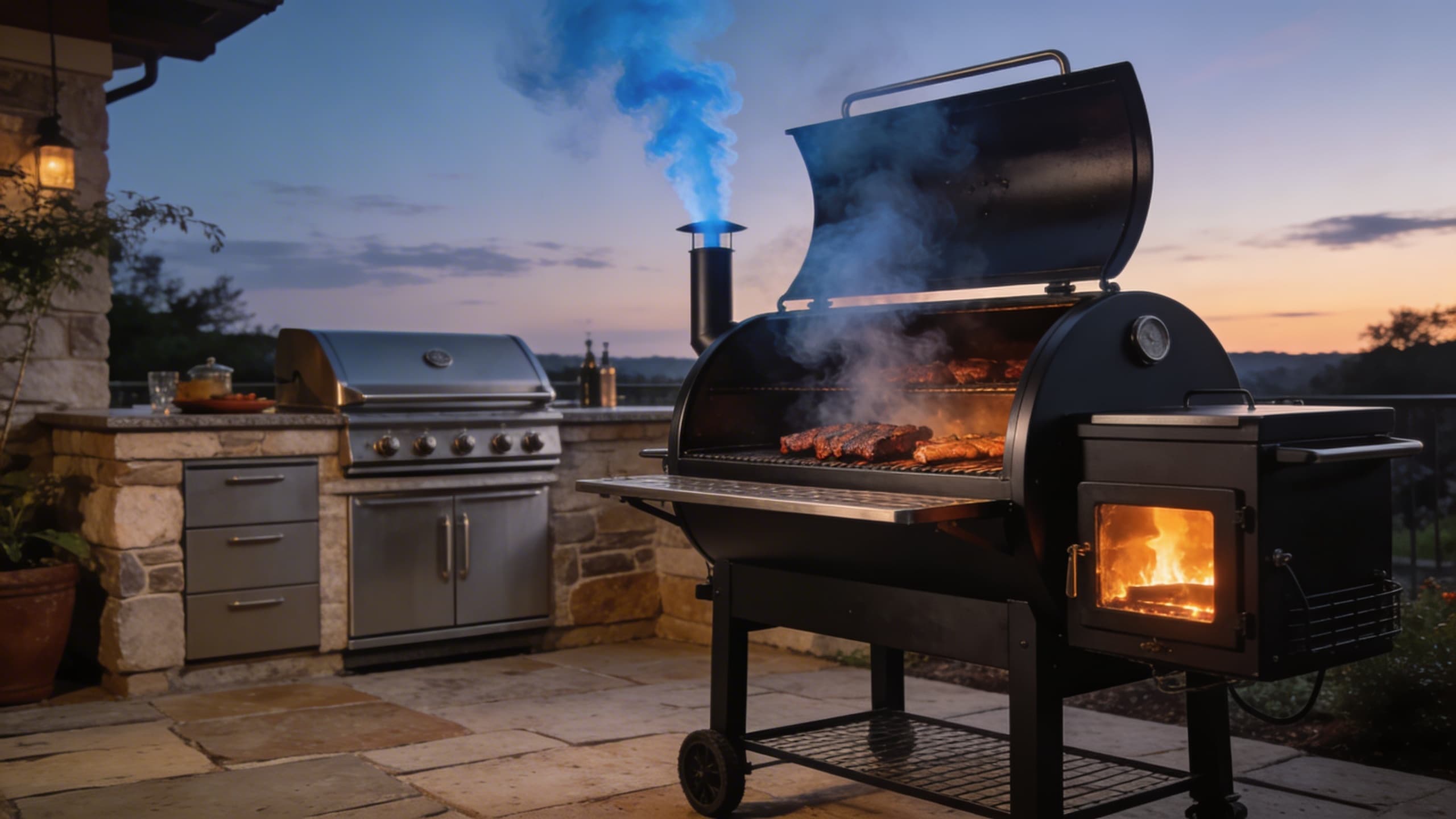 A sleek offset smoker setup on a stone patio, wisps of clean blue smoke rising against a twilight sky.