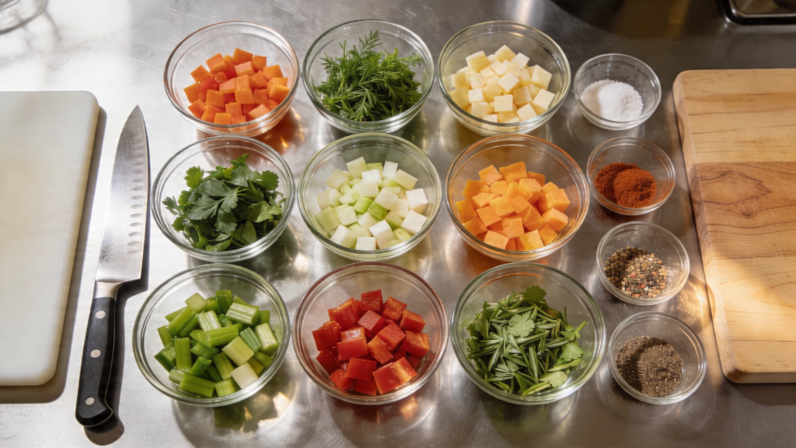 A perfectly organized chef's station with ingredients in uniform containers and a clean cutting board.
