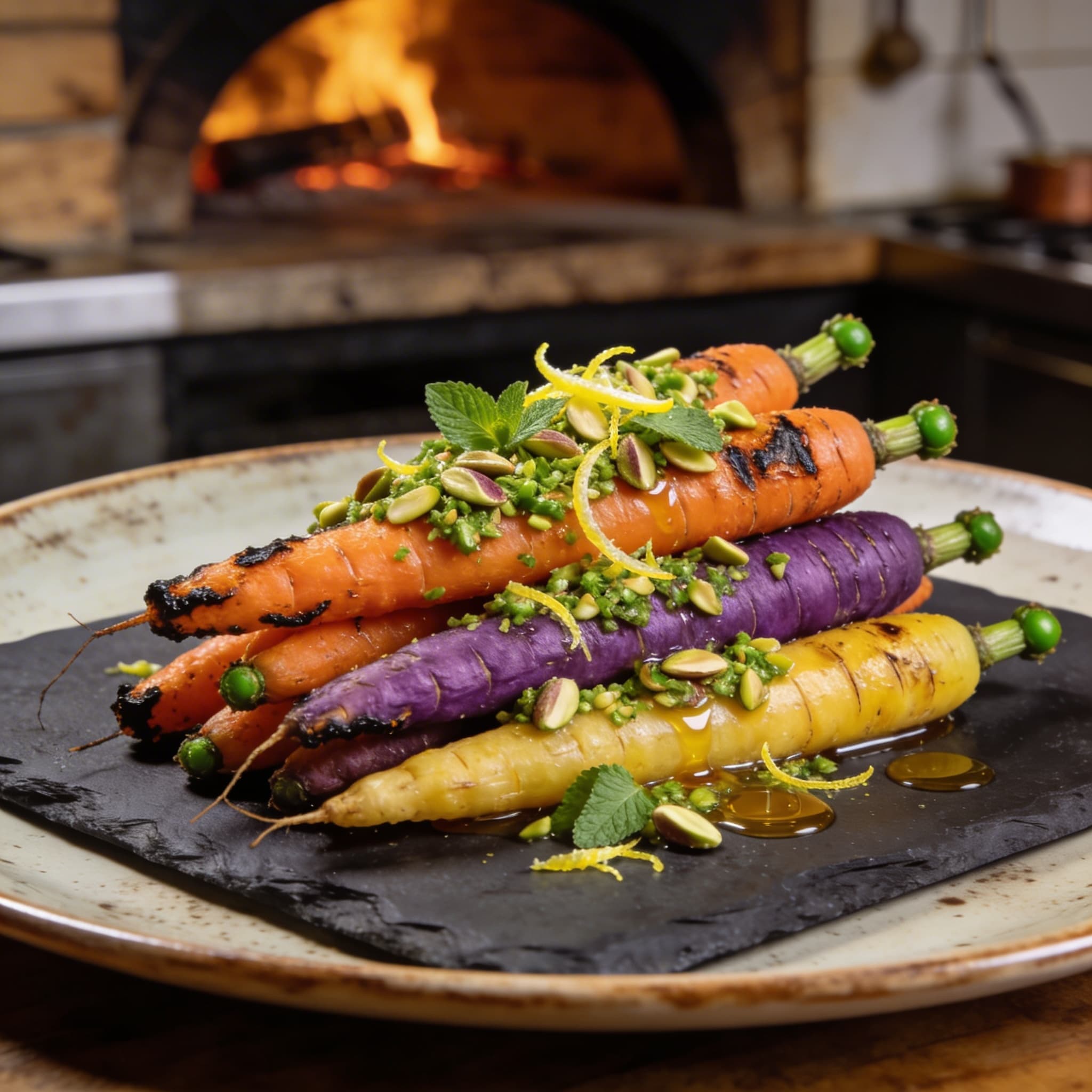 Fire-Roasted Carrots with Pistachio Mint Gremolata