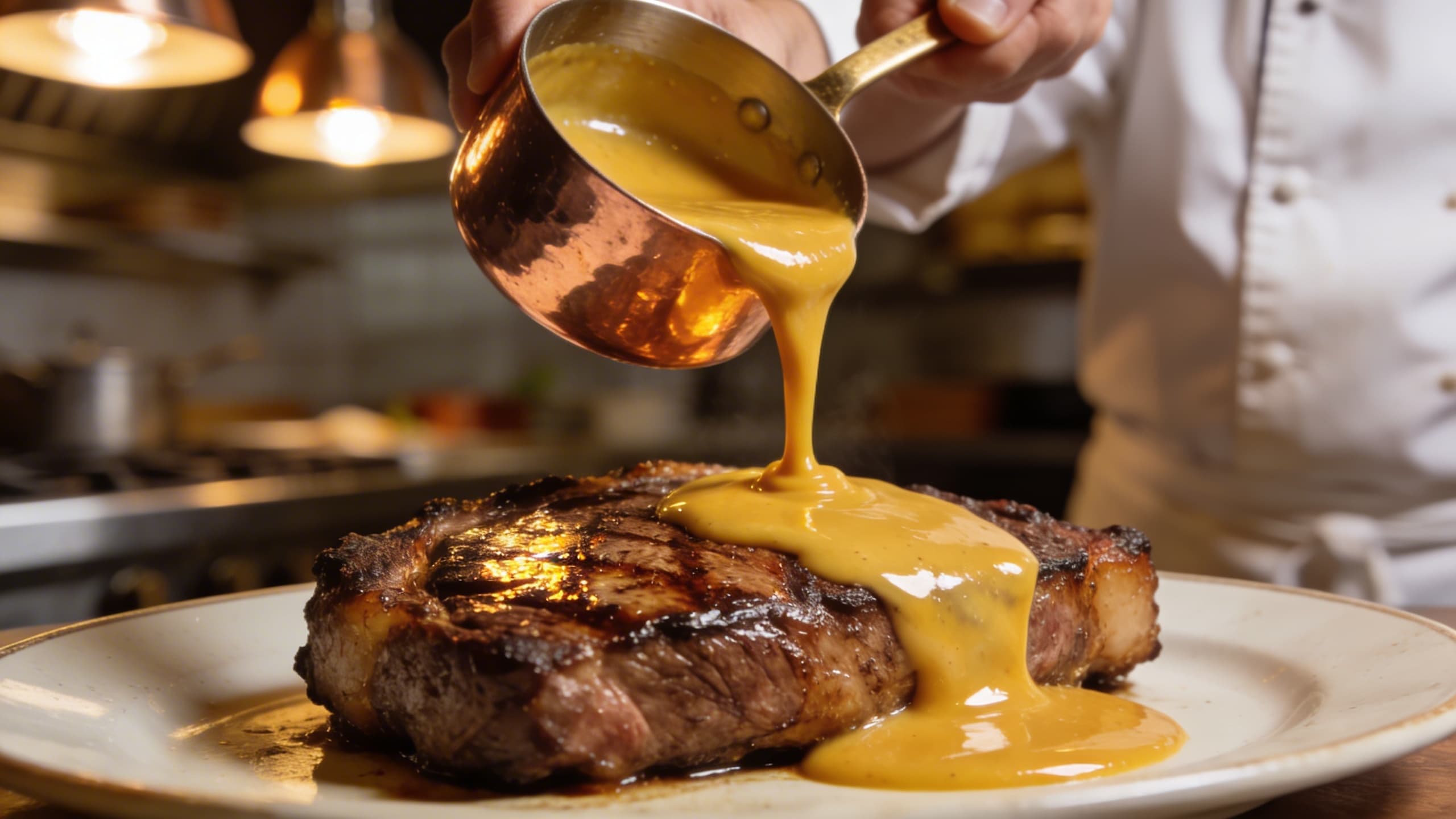 A glossy, perfectly emulsified sauce being drizzled over a seared protein, reflecting the light beautifully.