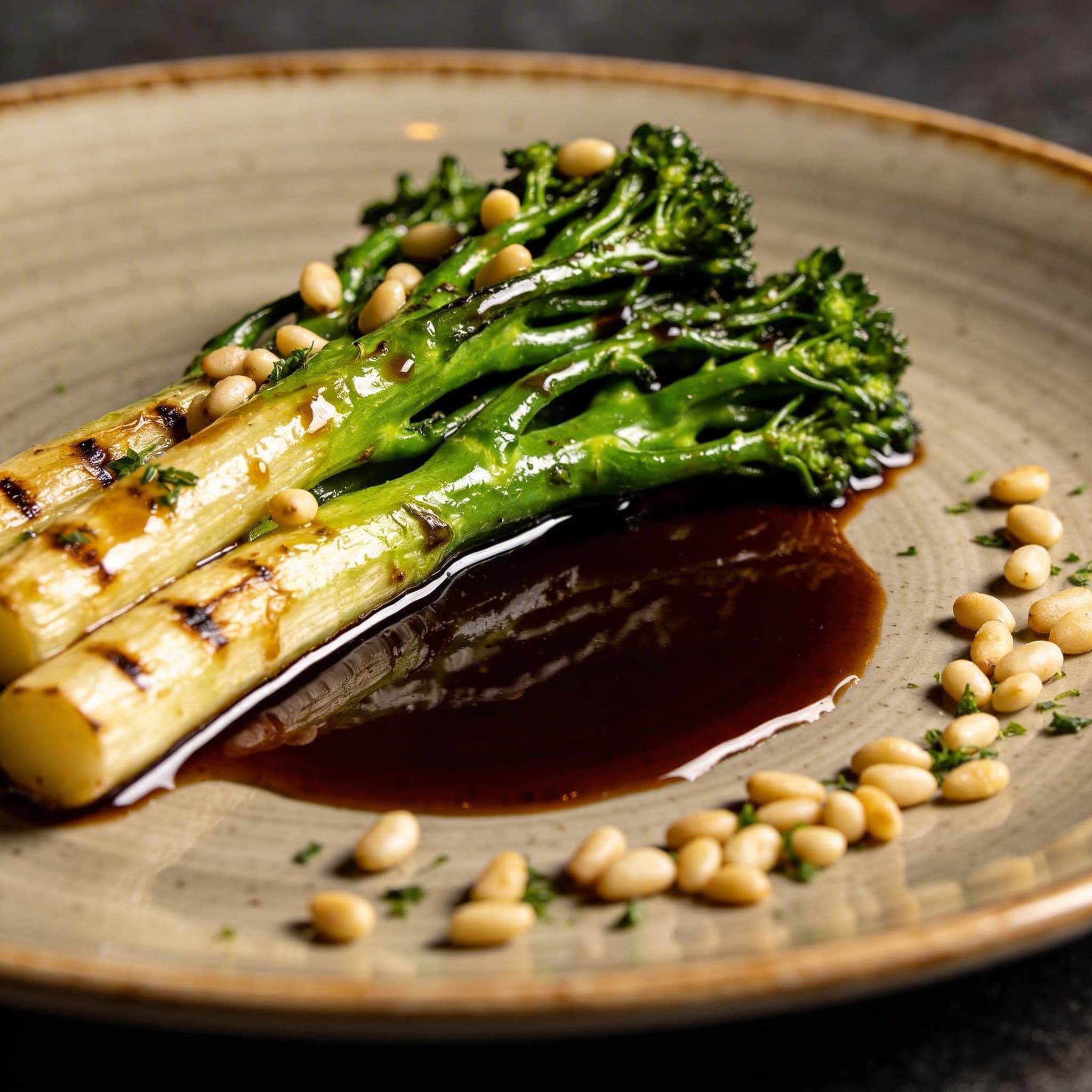 Marrow-Glazed Broccolini with Balsamic & Pignoli