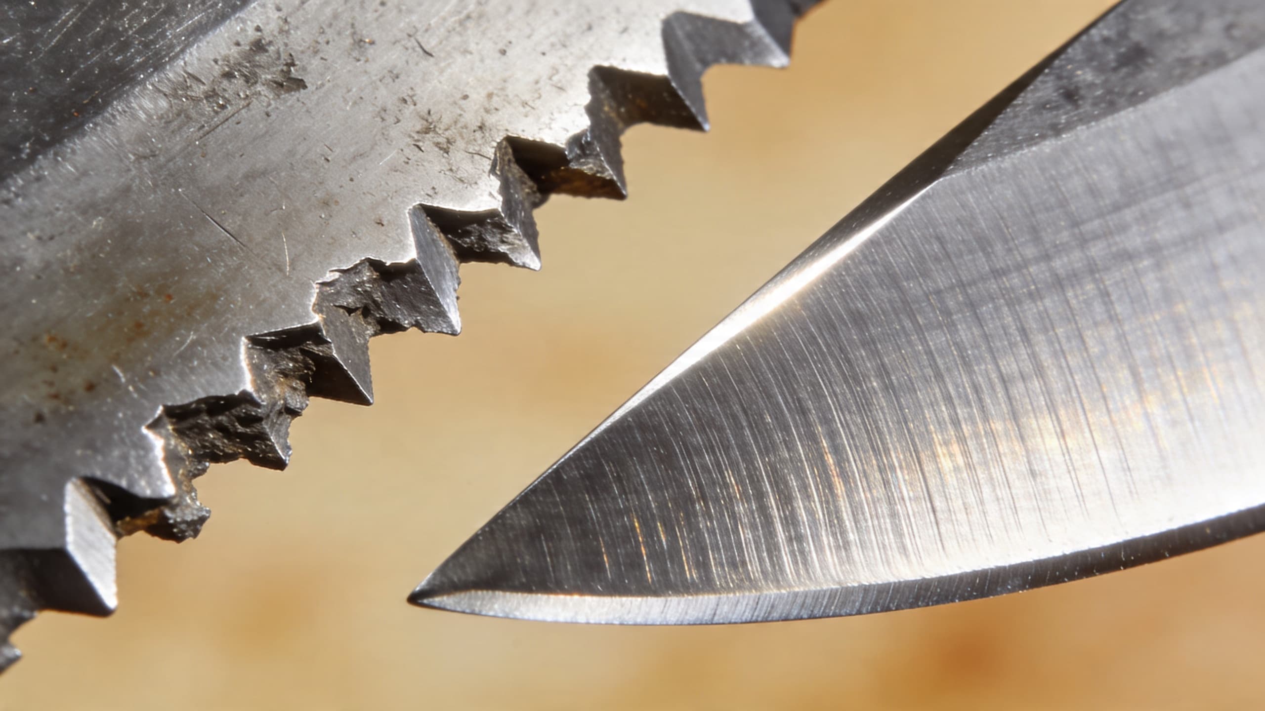A microscopic comparison of a jagged, dull blade edge versus a polished, razor-sharp 15-degree edge.