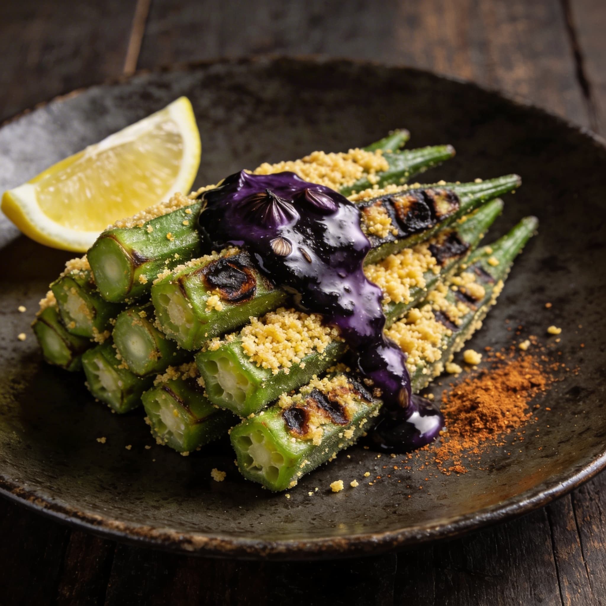 Charred Okra Pods with Cornmeal Crust and Black Garlic Butter