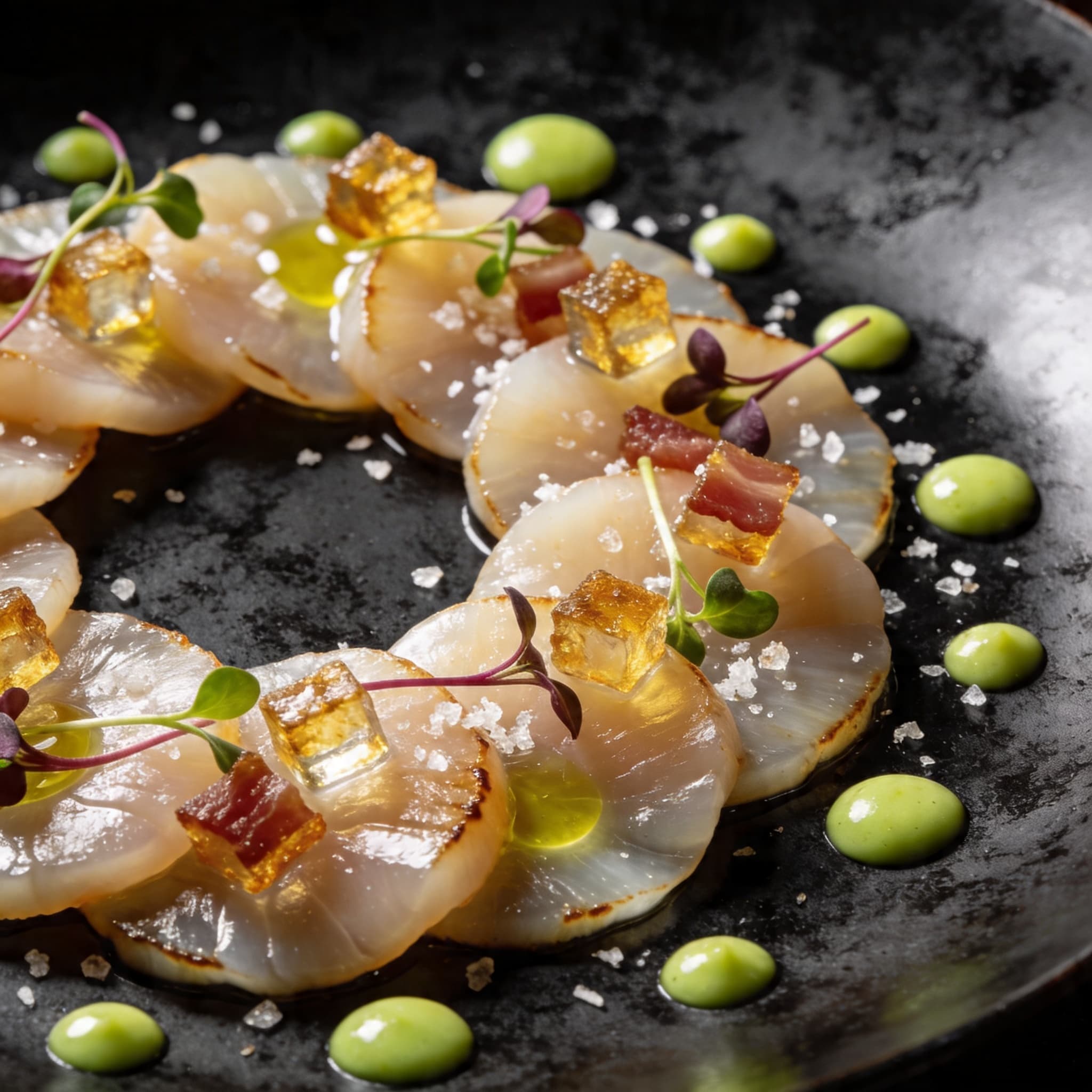 Cold-Smoked Scallop Carpaccio with Crispy Guanciale & Yuzu Emulsion装