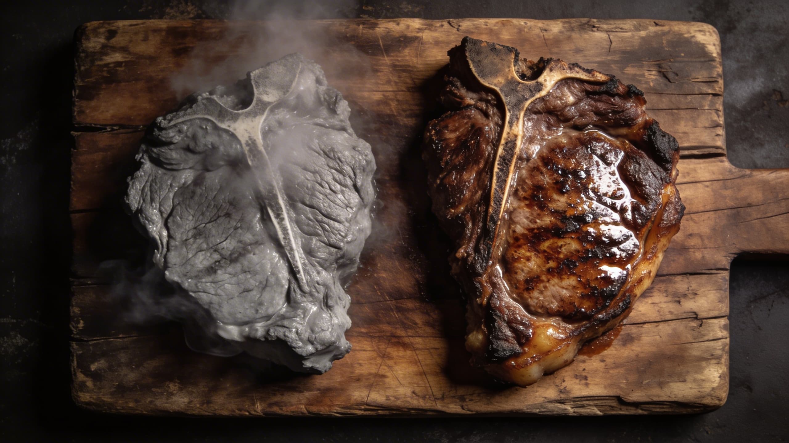 Image 1: A side-by-side comparison of a grey, steamed piece of meat versus a deeply browned, crusty steak with a perfect Maillard reaction.