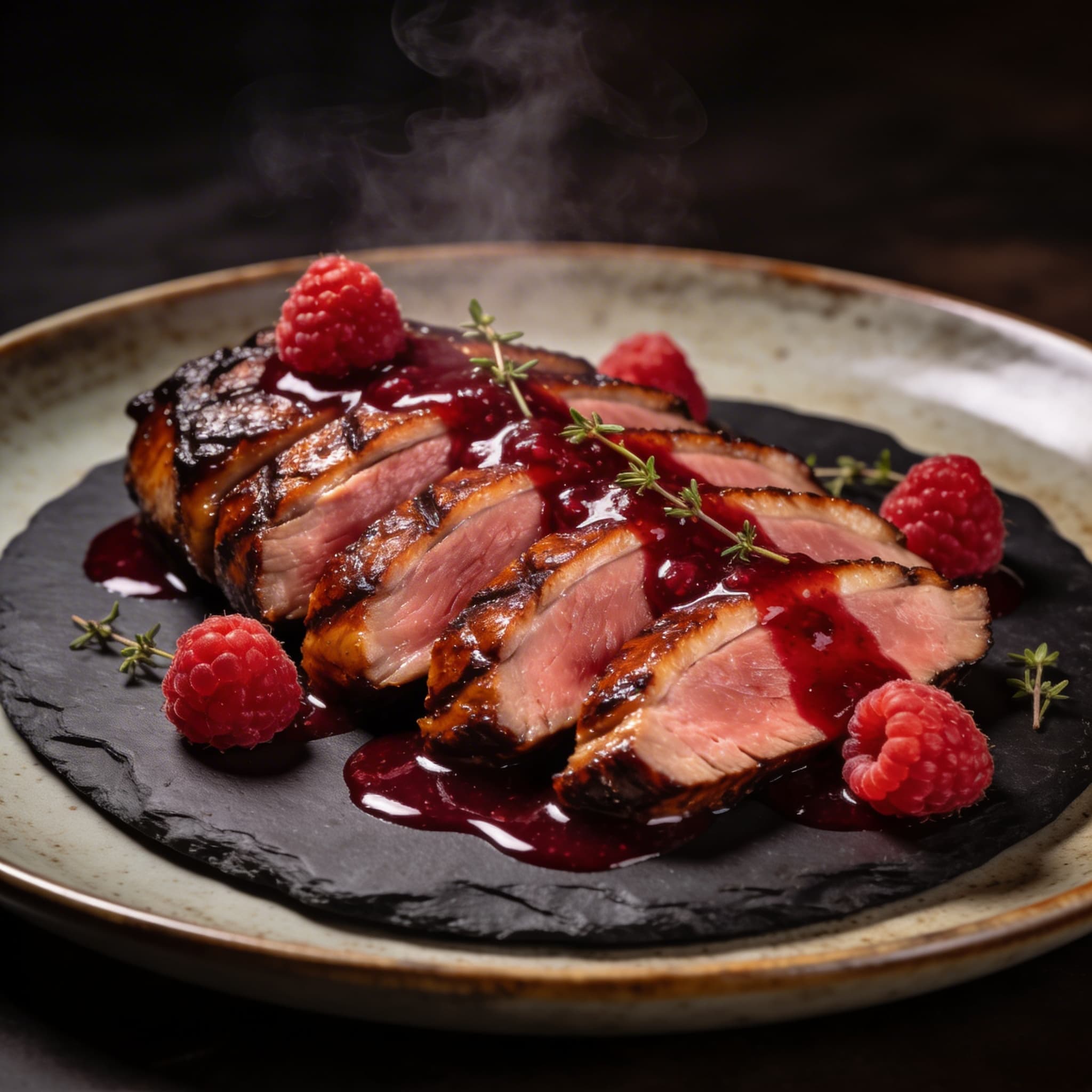 Pecan-Smoked Duck Breast with Raspberry Beurre Rouge