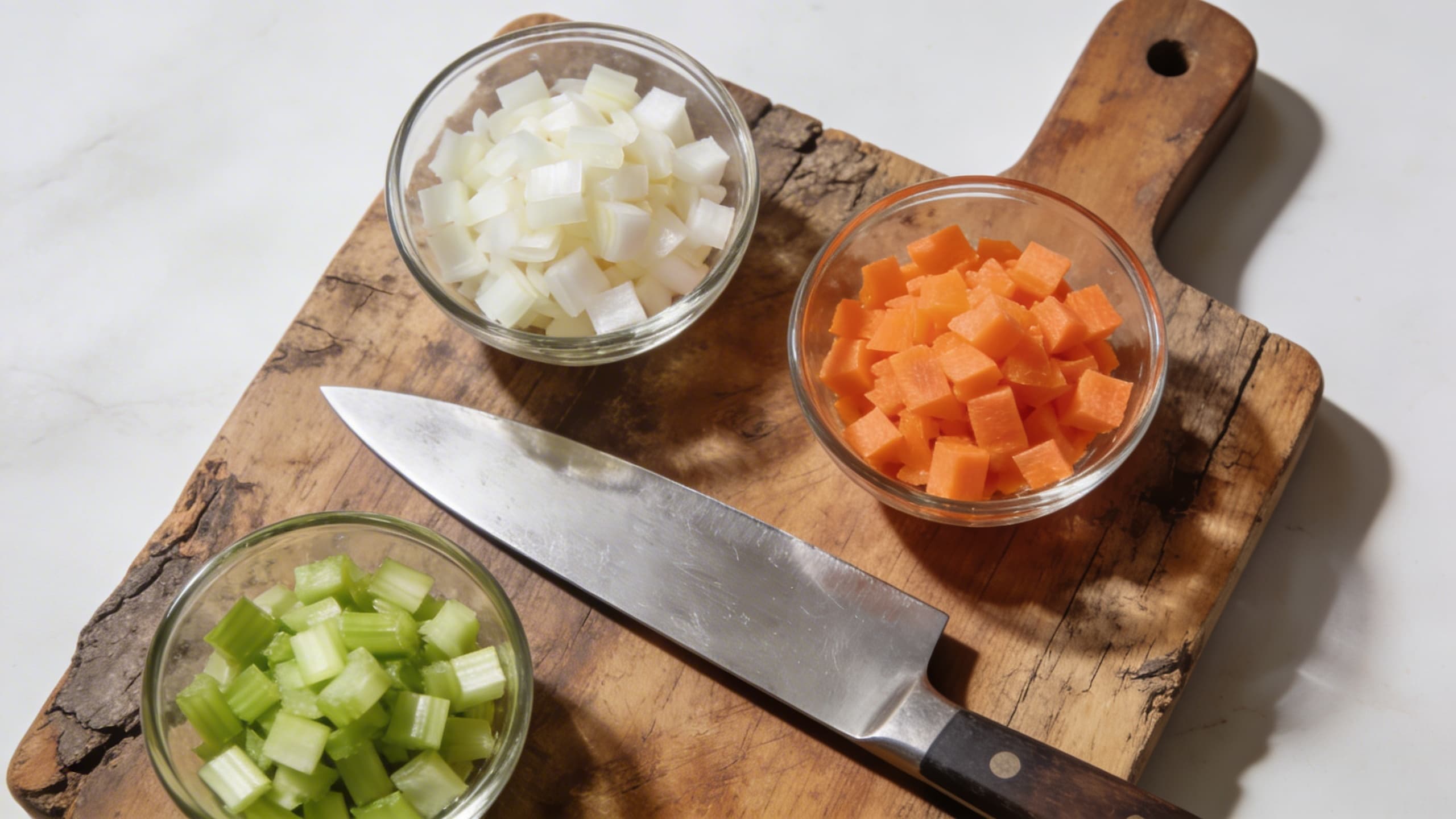 An overhead shot of a clean, organized mise en place with perfectly diced vegetables in small glass bowls, a sharp knife resting nearby.