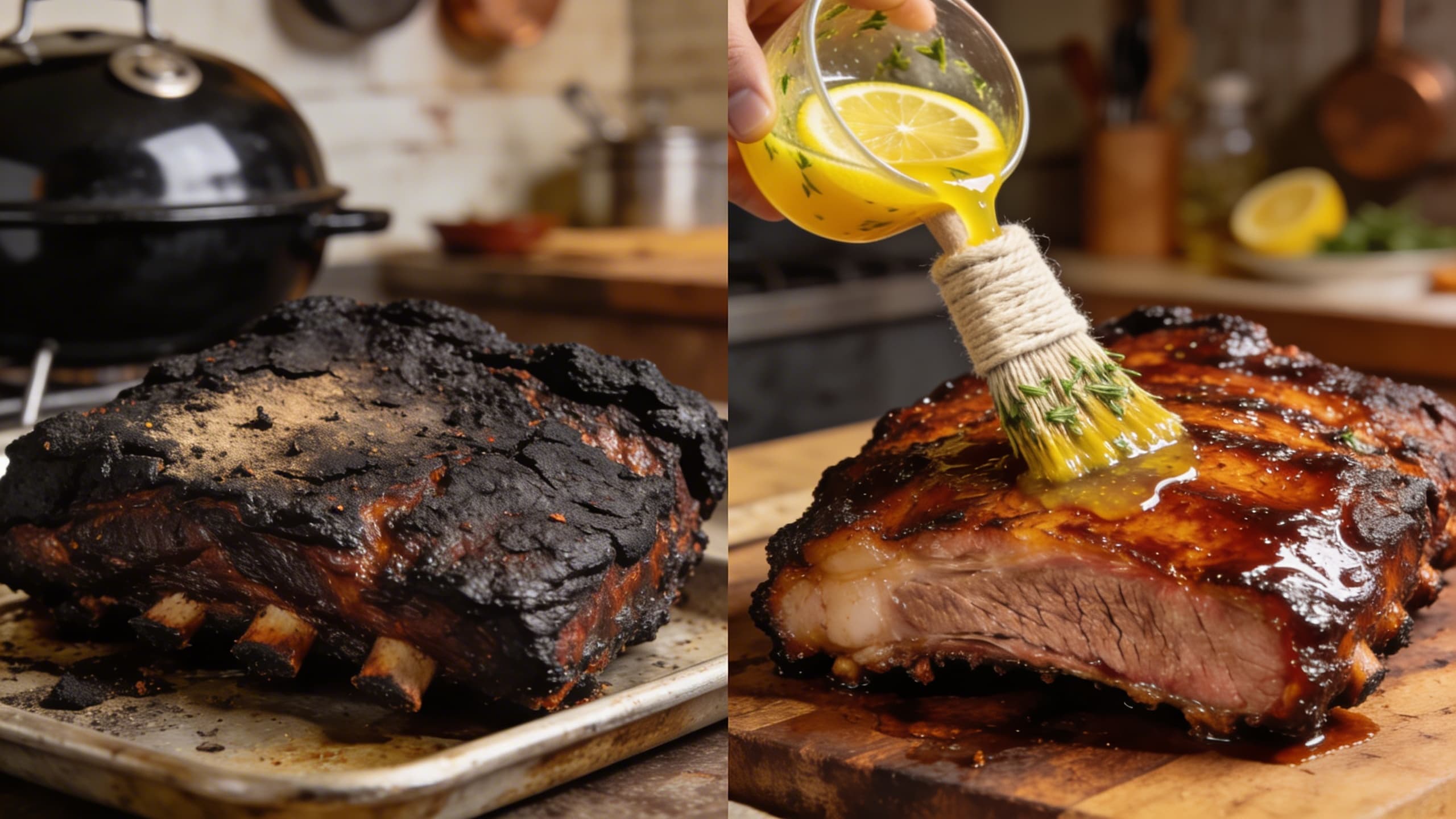 A side-by-side comparison of an over-smoked, dry brisket versus one treated with a consistent acidic mop.