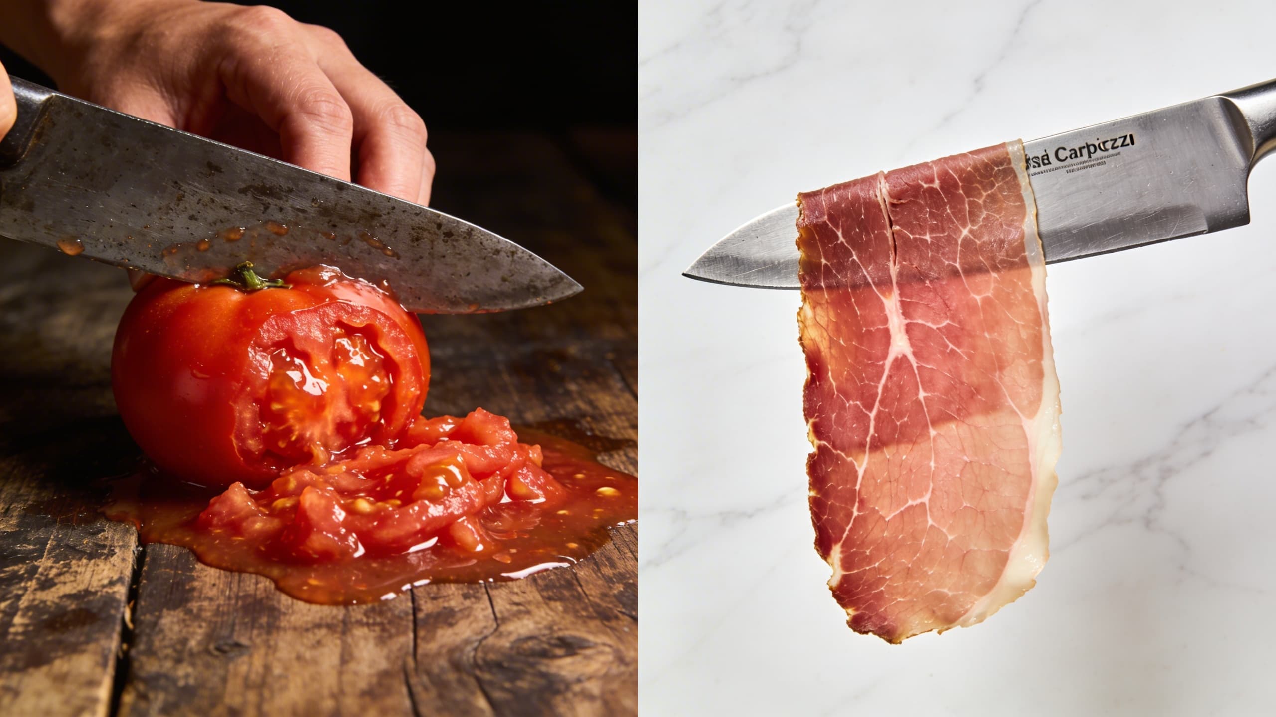 A side-by-side comparison: on the left, a dull blade crushing a tomato; on the right, a precision-sharpened blade through a stack of paper-thin carpaccio-style beef.