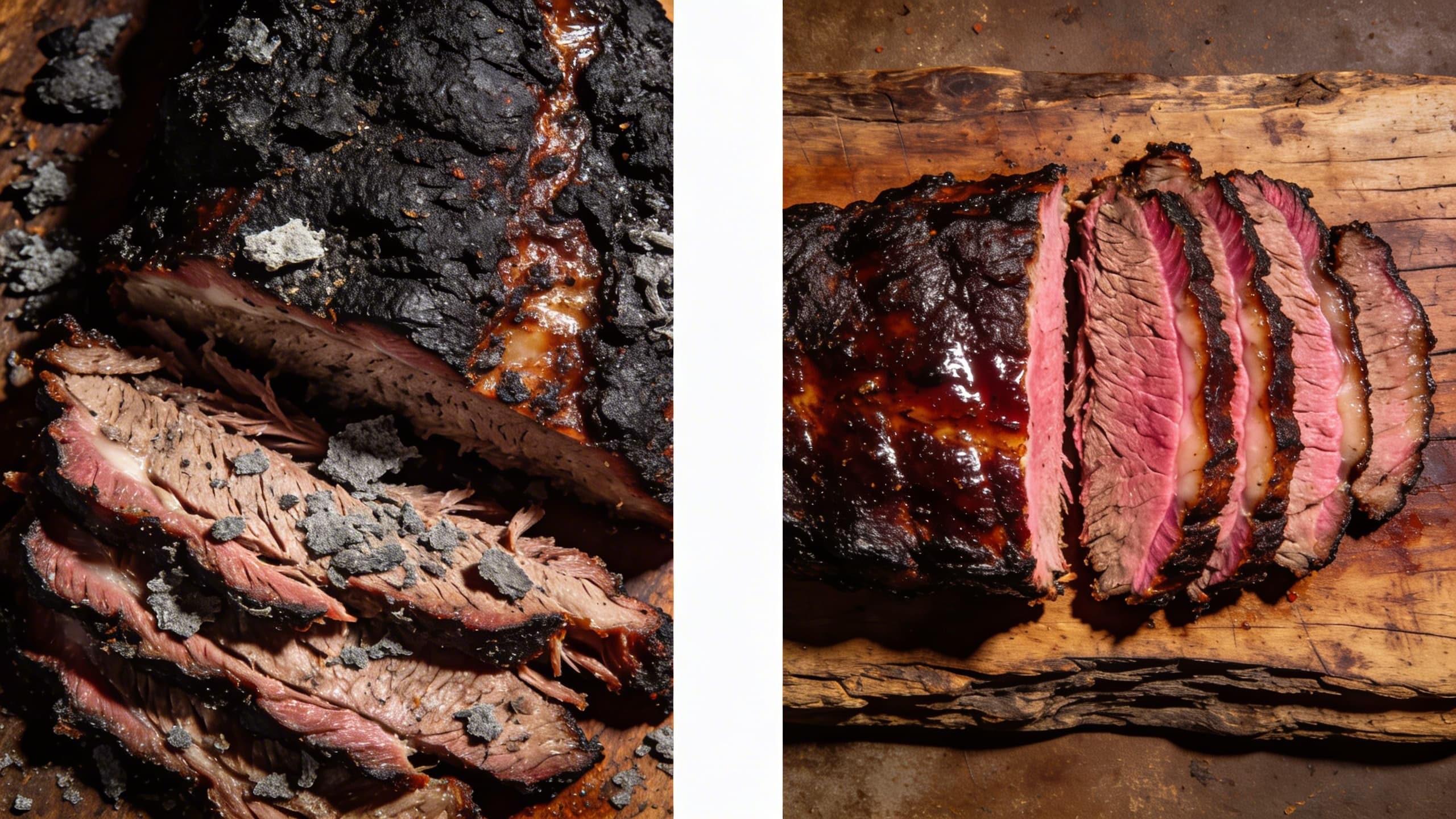 A side-by-side comparison: on the left, a charred, blackened brisket fail; on the right, a perfectly sliced brisket with a deep pink smoke ring and glistening bark.