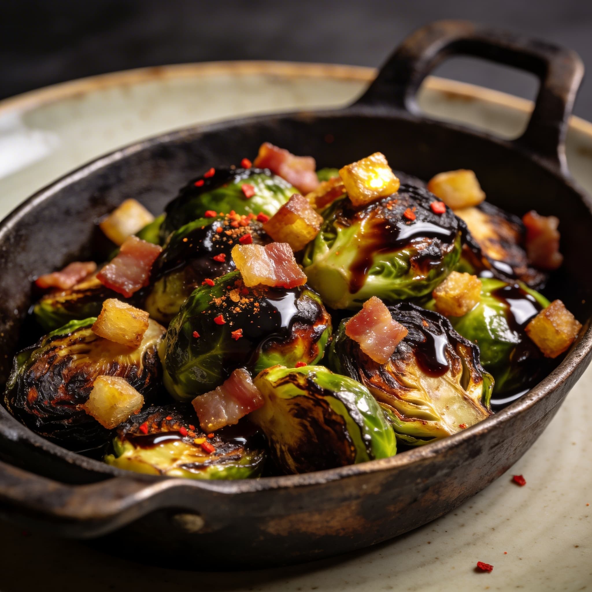 Hickory-Smoked Brussels Sprouts with Crispy Pancetta & Balsamic Glaze