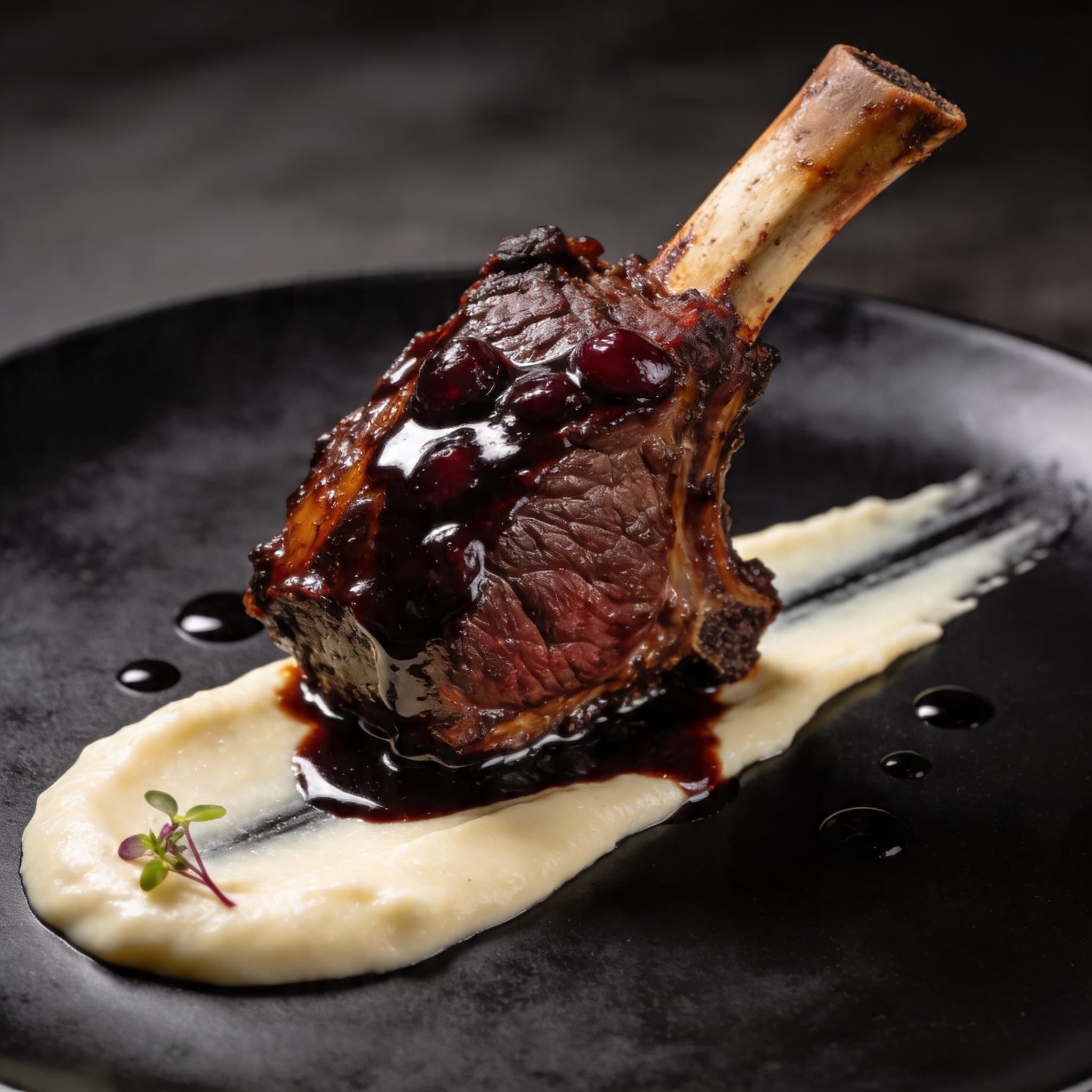 Cherry-Balsamic Glazed Smoked Short Ribs over Parsnip Silk