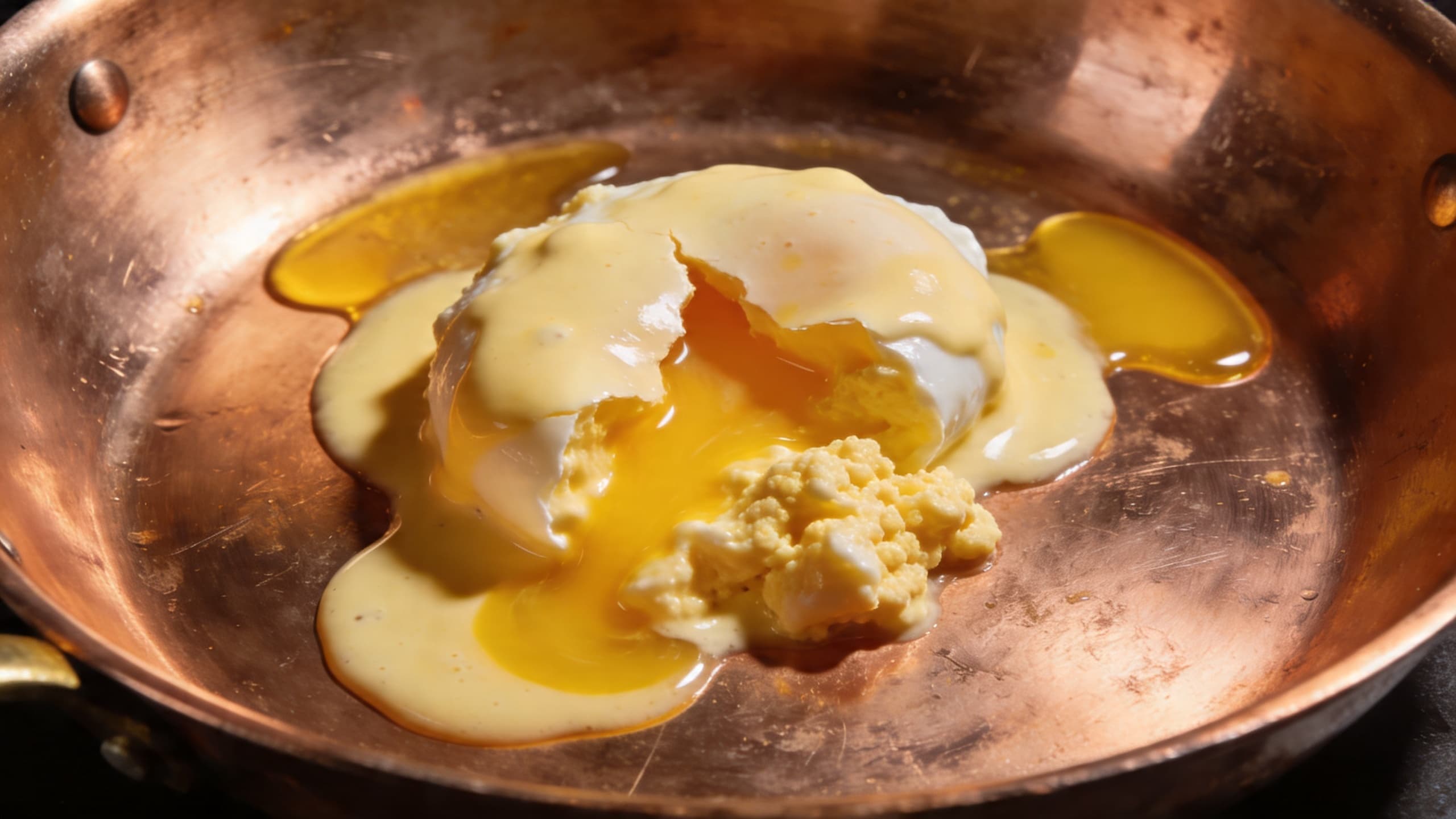 A macro shot of a broken, curdled sauce showing separated fat globules and grainy protein clumps.