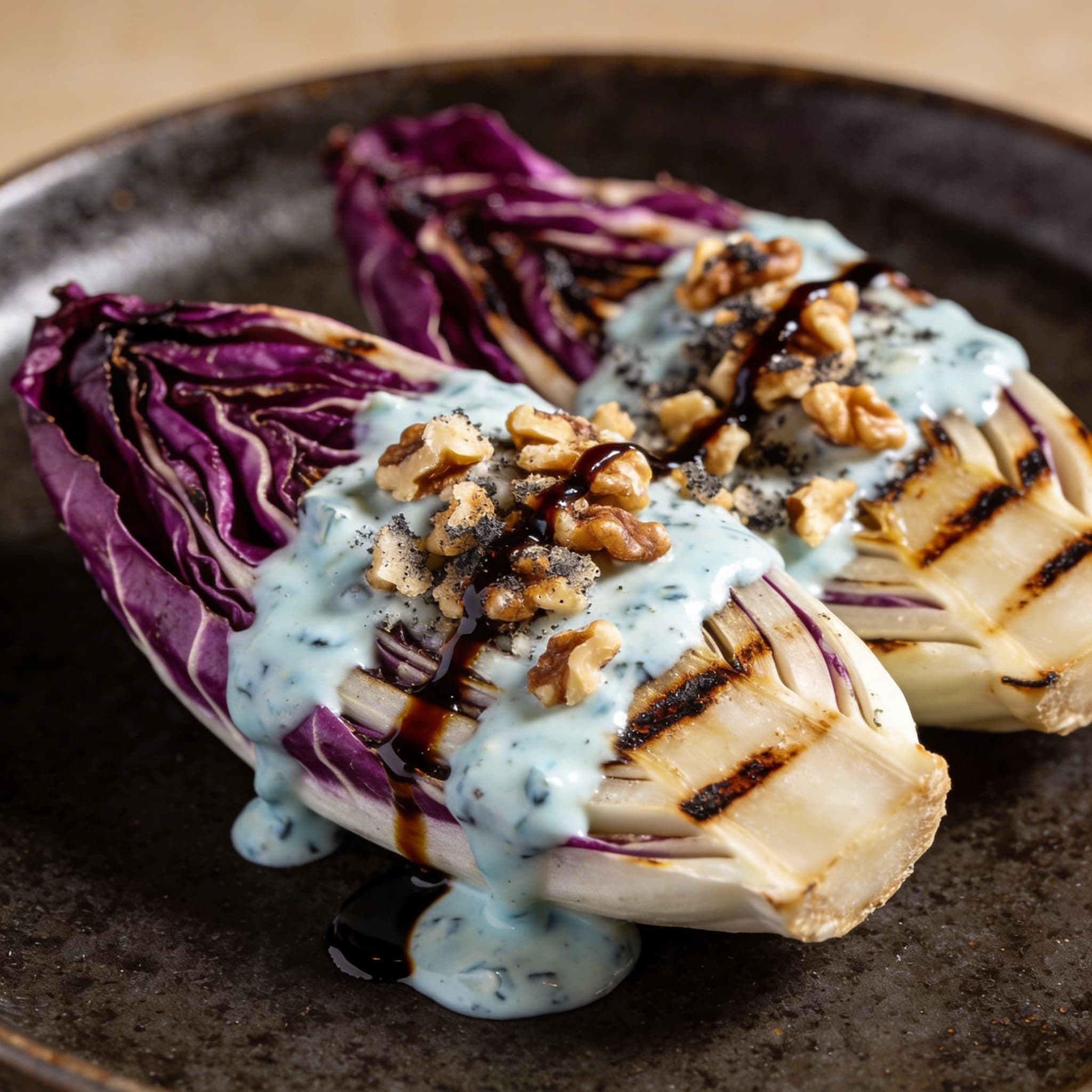 Charred Radicchio with Smoked Walnuts & Gorgonzola Emulsion