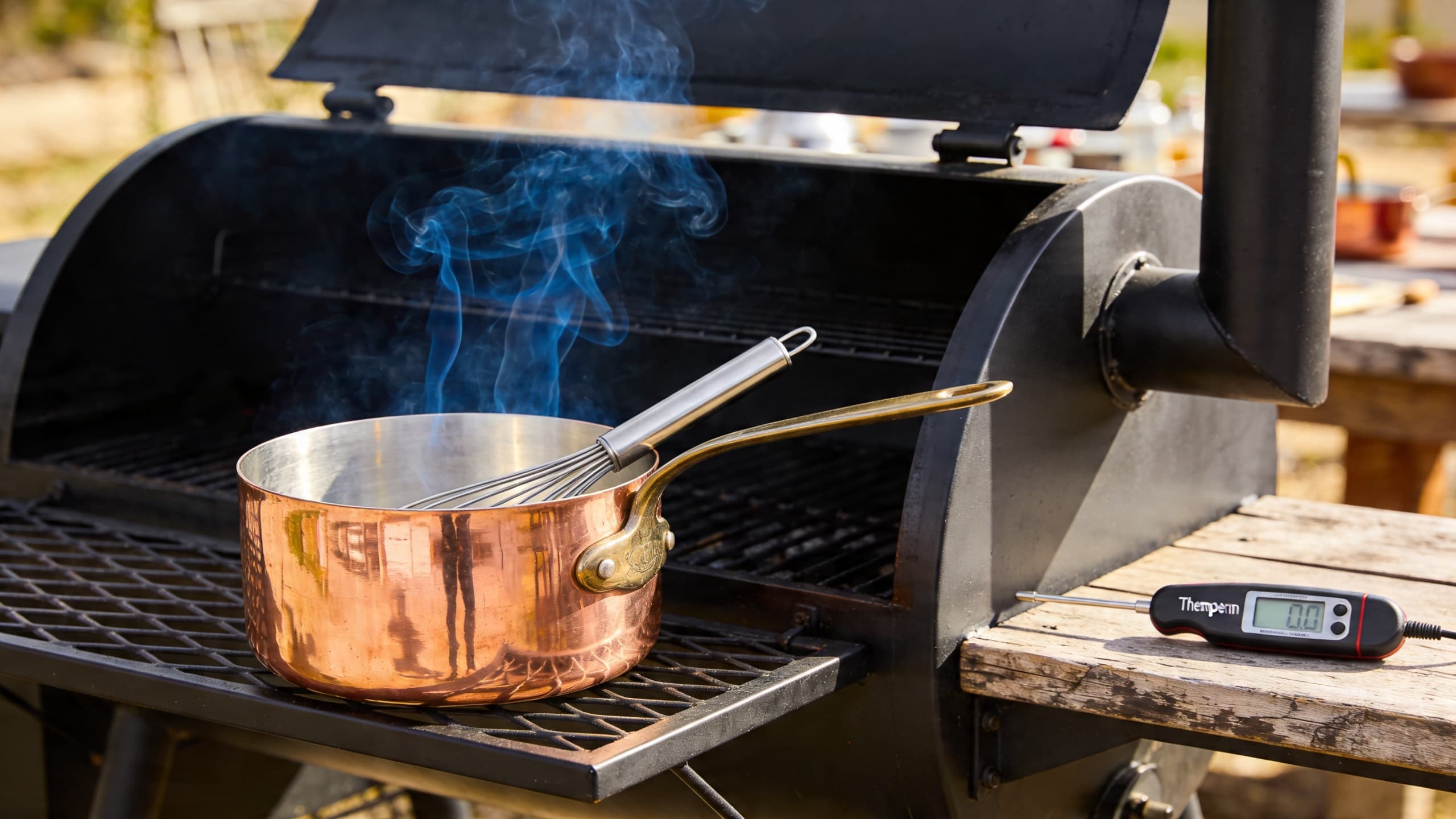The ultimate setup: A copper saucier resting on a custom-built offset shelf, positioned perfectly to catch the ambient heat without the direct flame.