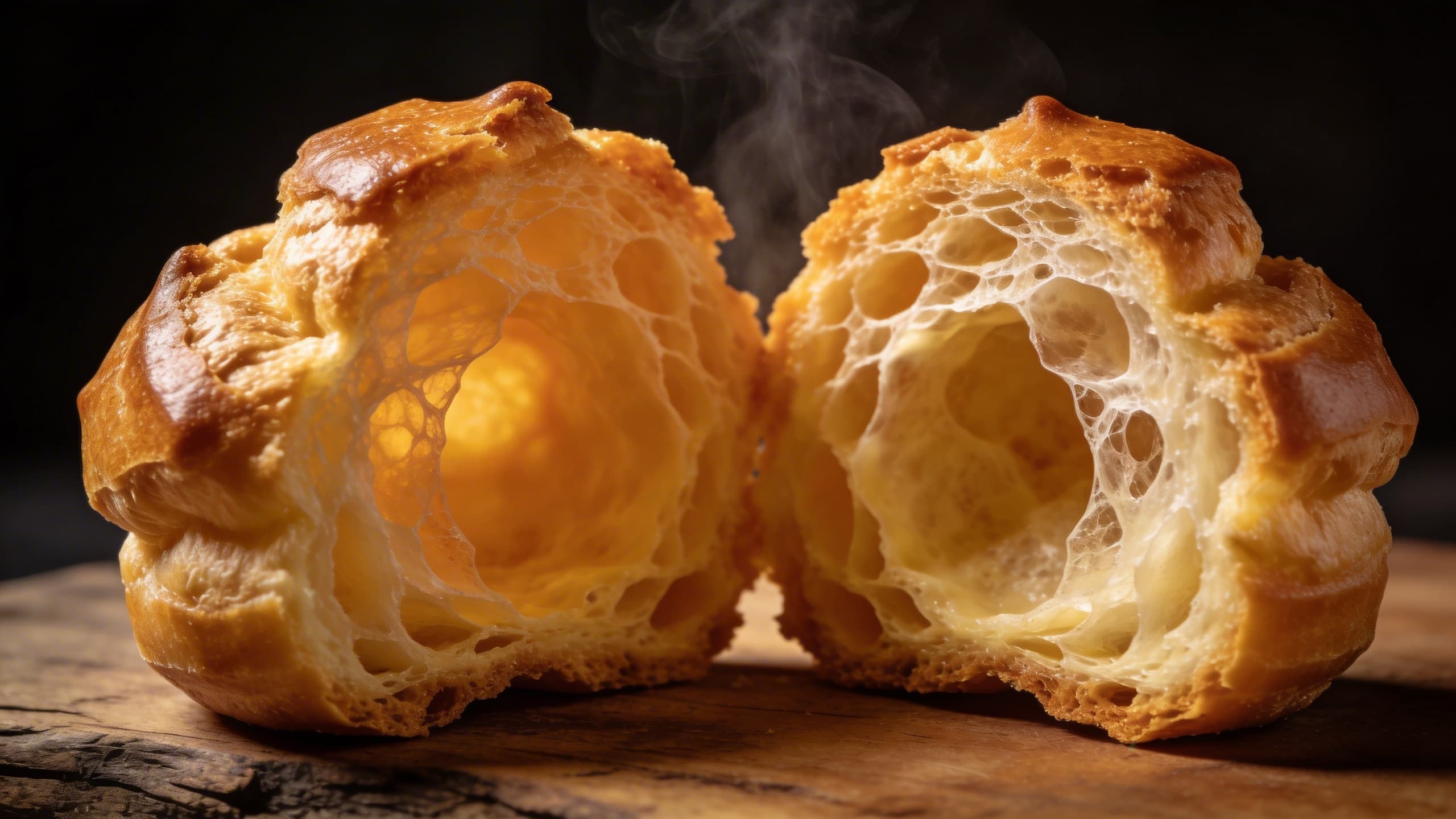 Image 2: A close-up of a perfectly risen, airy interior of a Gougère, showing the hollow center and lacy web of cooked dough.