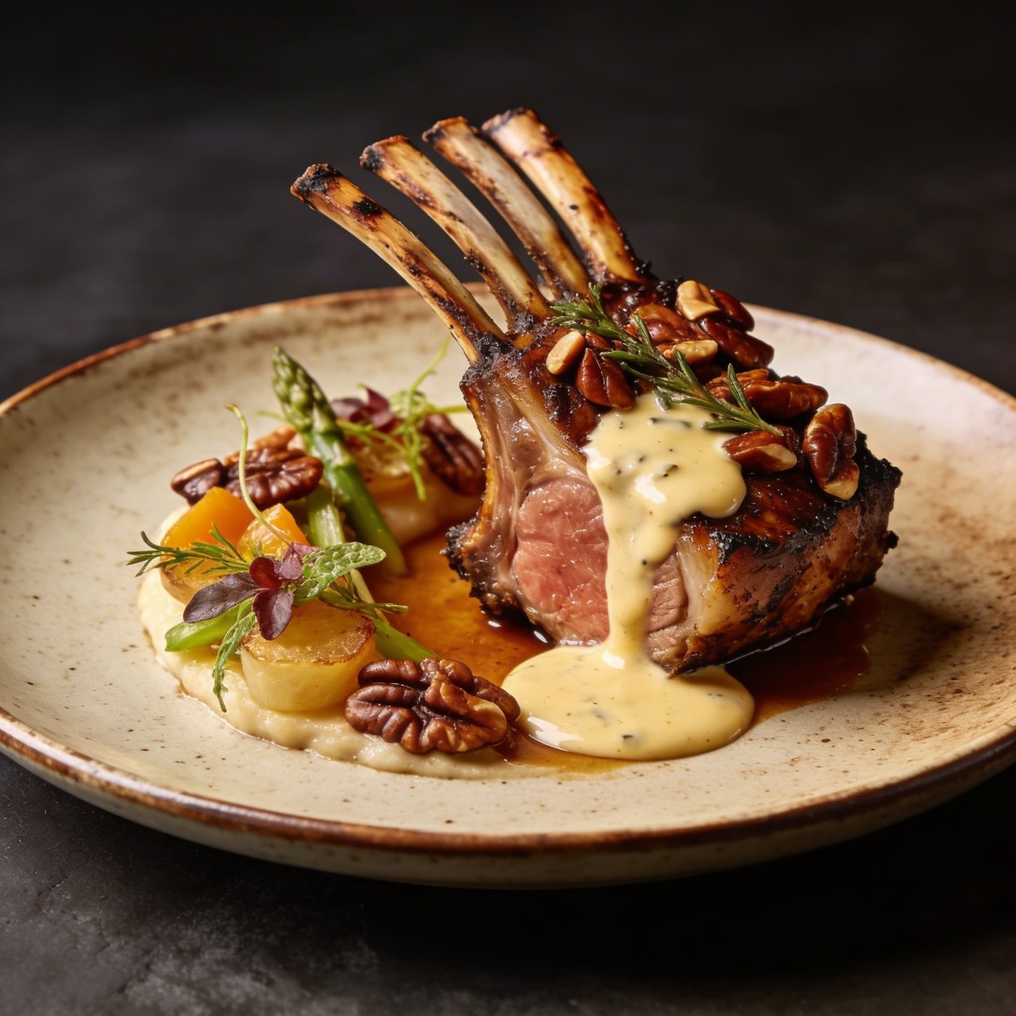 Pecan-Smoked Lamb Rack with Champagne Béarnaise