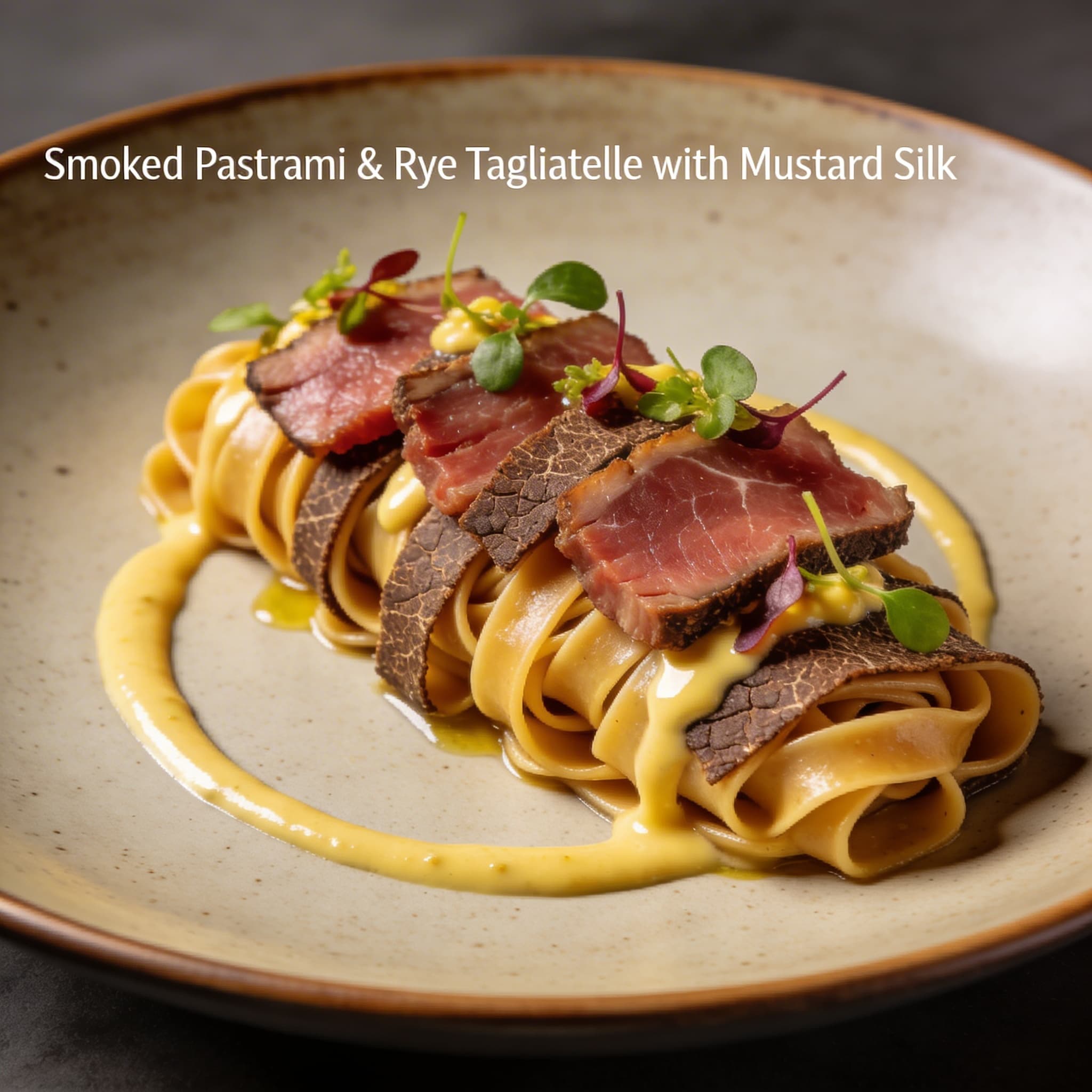 Smoked Pastrami & Rye Tagliatelle with Mustard Silk