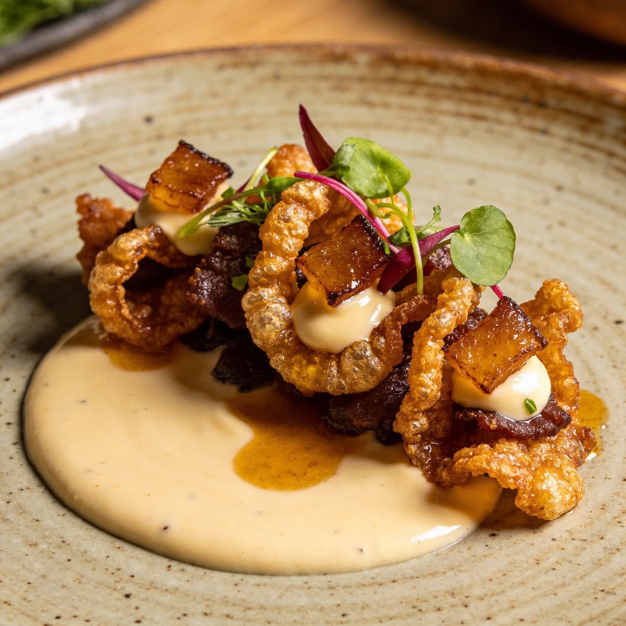 Smoked Tallow Emulsion on Crispy Chicharrón