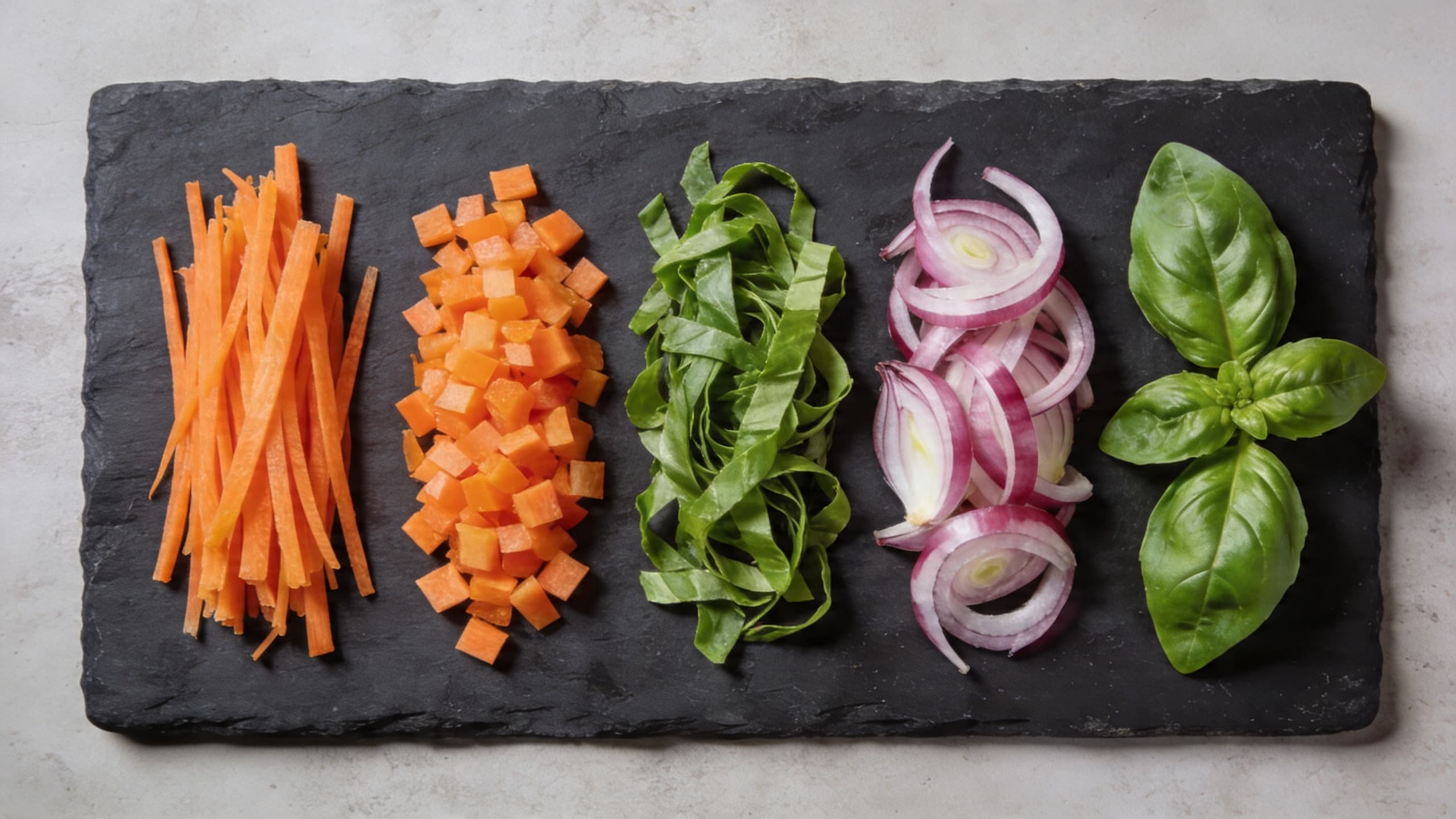 A top-down view of perfectly executed julienne, brunoise, and chiffonade cuts of colorful vegetables arranged neatly on a dark slate surface.