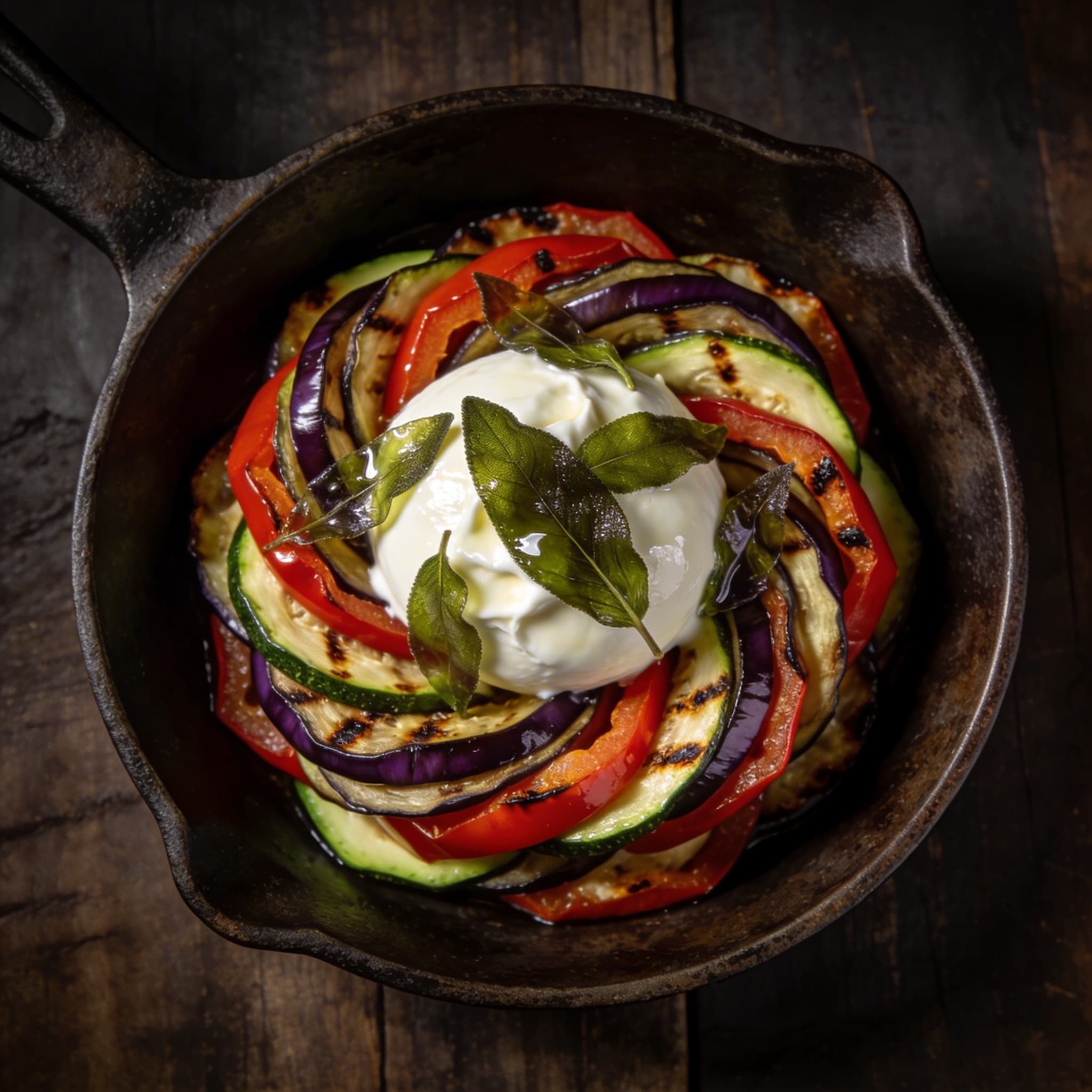 Oak-Smoked Ratatouille Tian with Stracciatella
