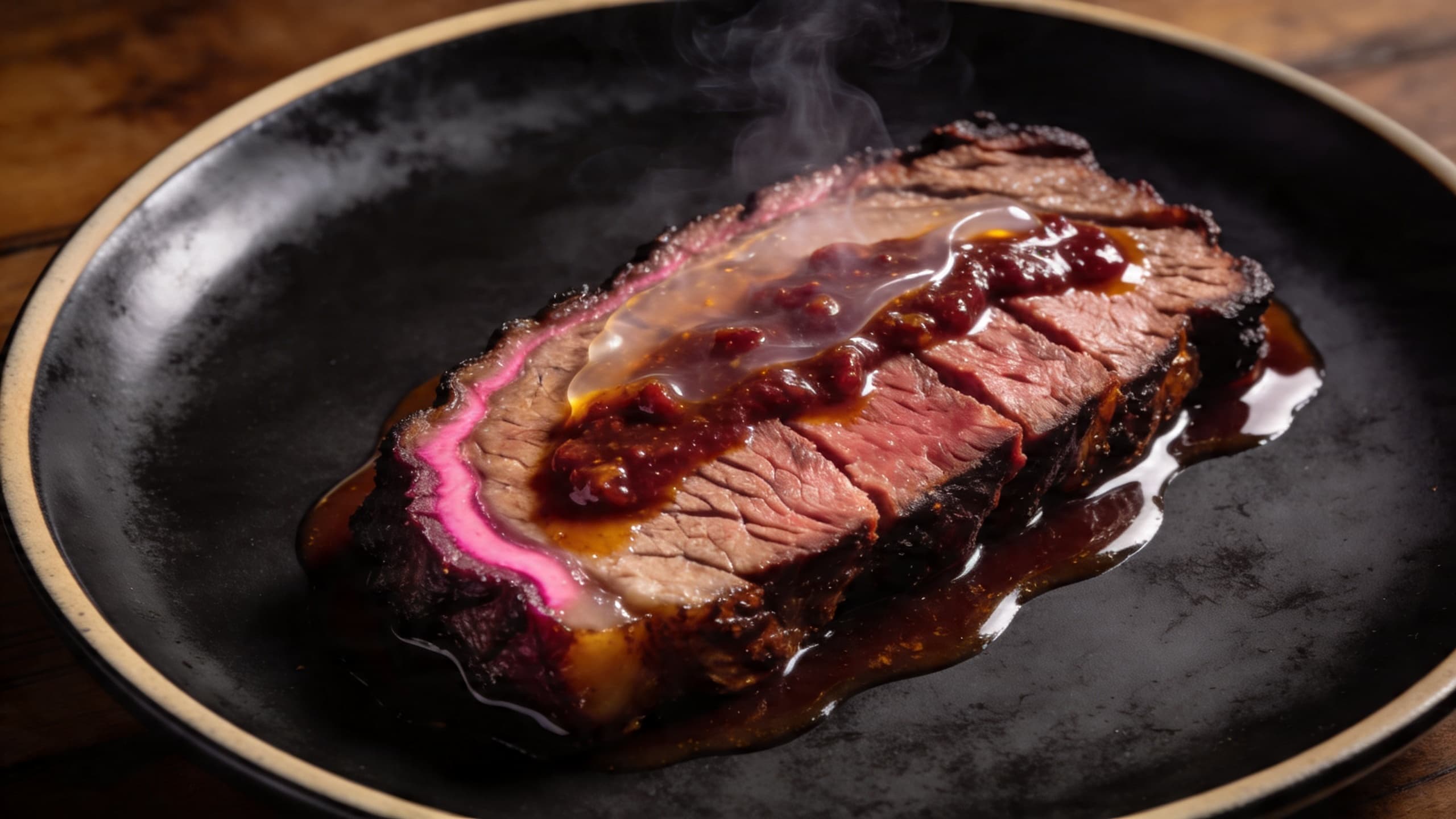 An overhead shot of a precision-cut smoked brisket slice topped with a translucent 'Nduja-infused gastrique, showing the vivid pink smoke ring.