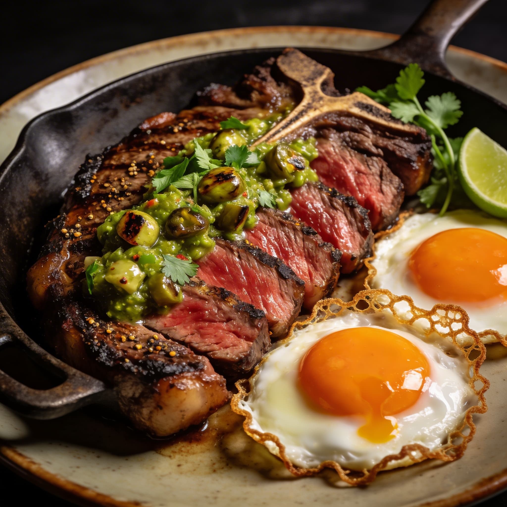 Cast-Iron Ribeye Breakfast with Charred Salsa Verde