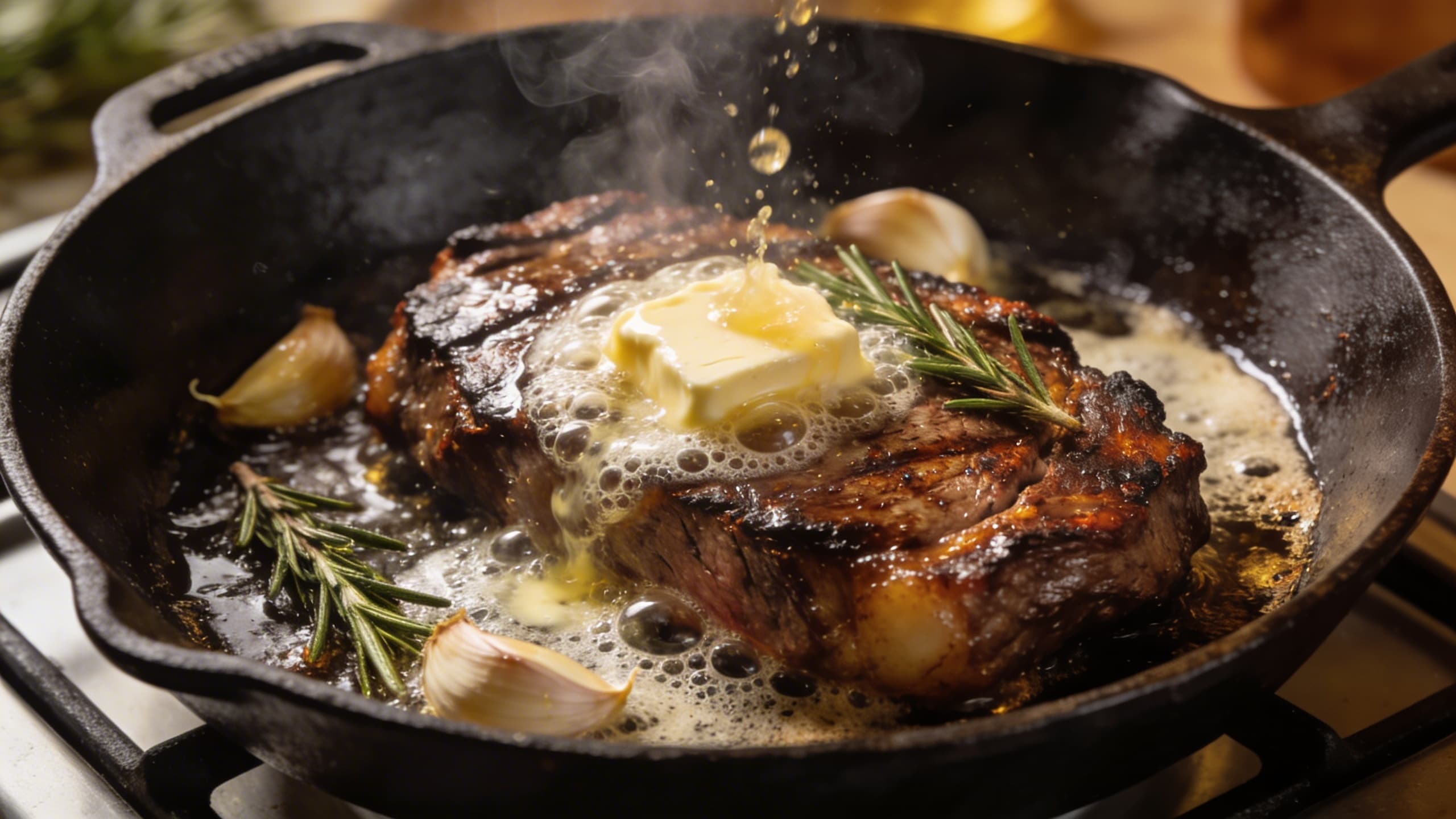 A cast iron skillet with a deep, dark sear on a steak, butter foaming with garlic and rosemary, under warm kitchen lighting.