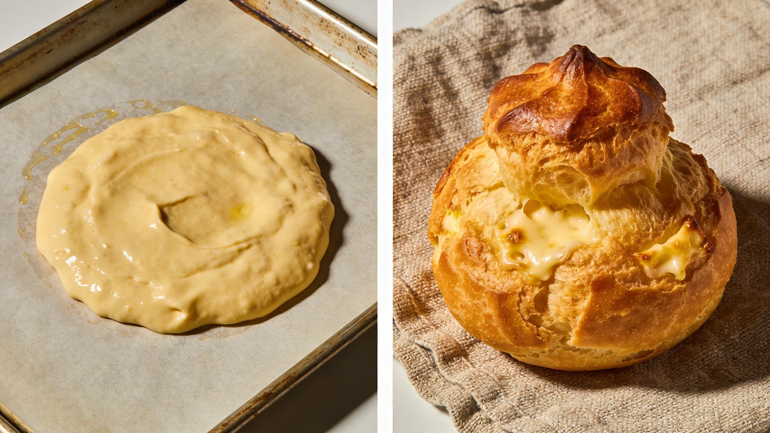 Image 1: A side-by-side comparison of a flat, deflated pastry puff next to a golden, airy, perfectly risen Gougère.