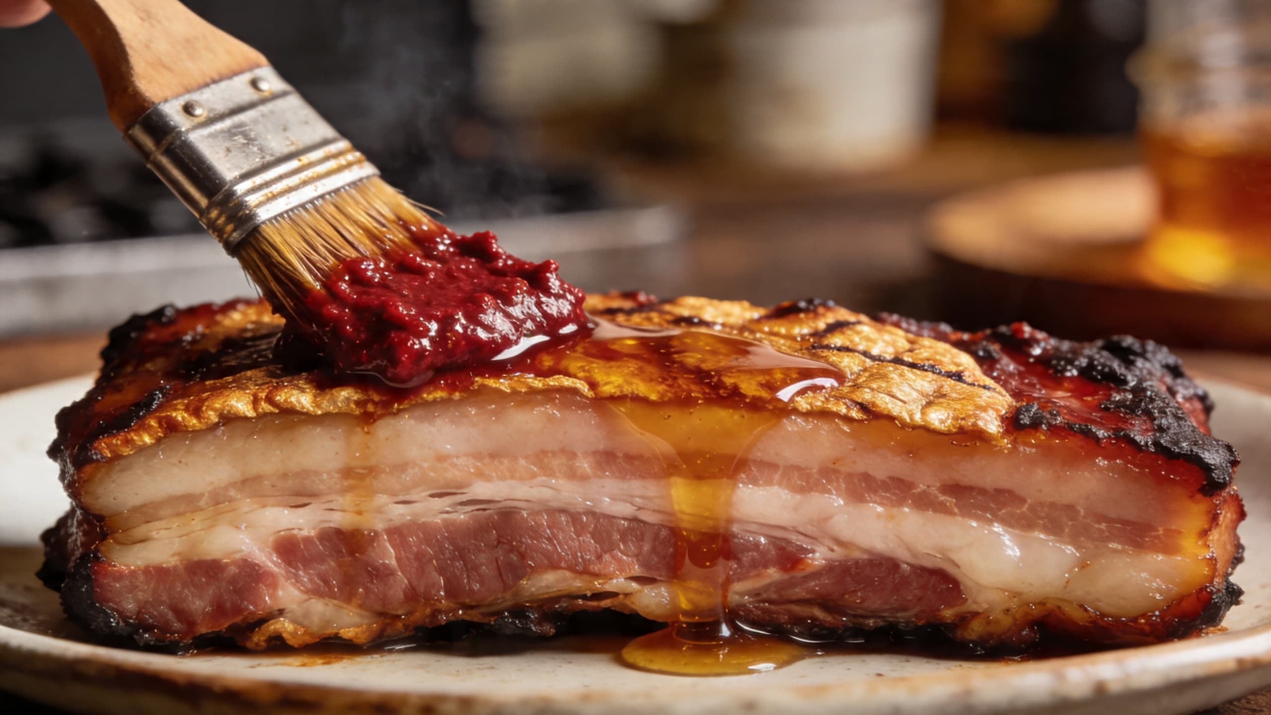 A glossy 'Nduja and honey glaze being brushed onto a smoked pork belly slab, highlighting the contrast between the deep red paste and the golden bark.